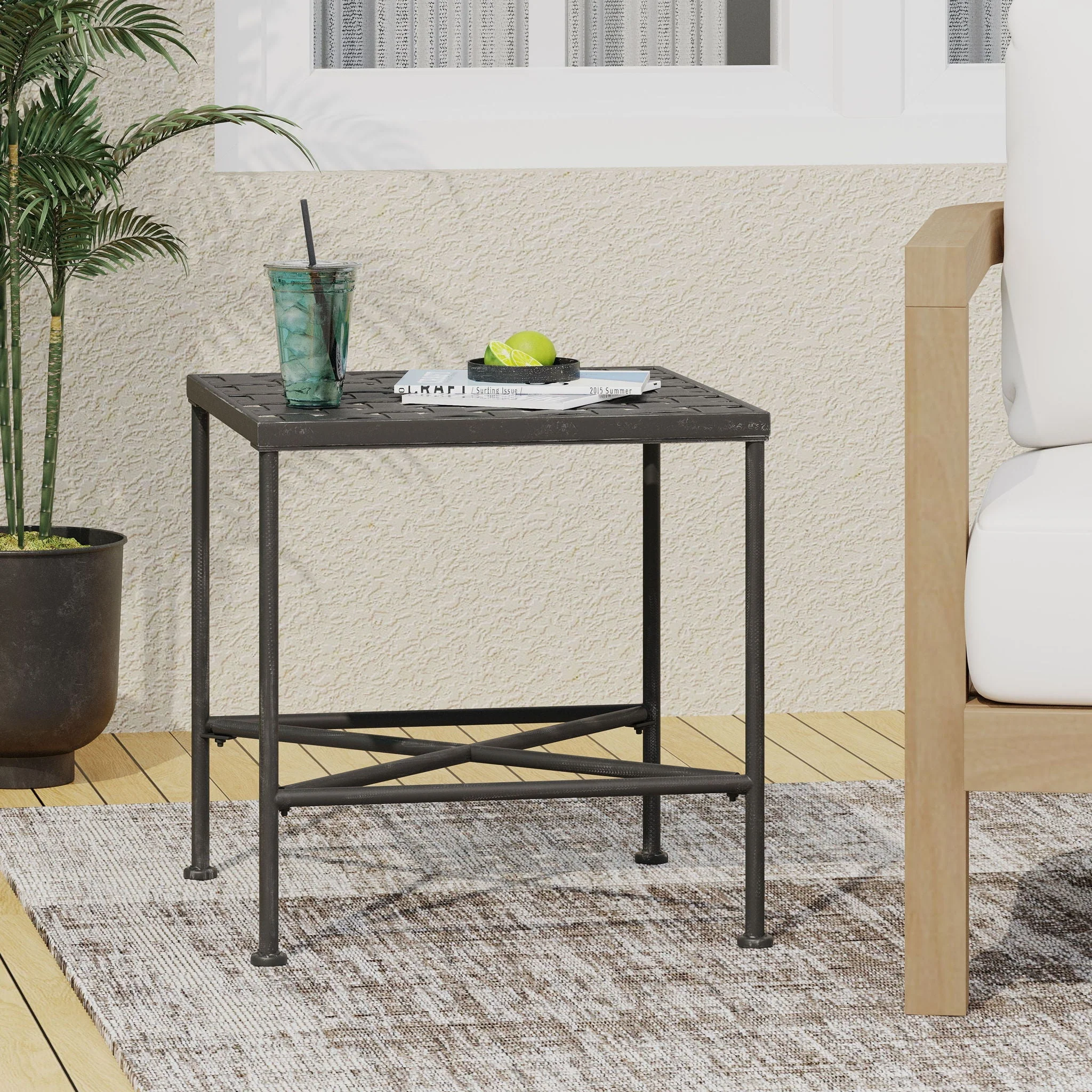 Outdoor Square Side Table with X Shaped Iron Frame - Black - Image 3