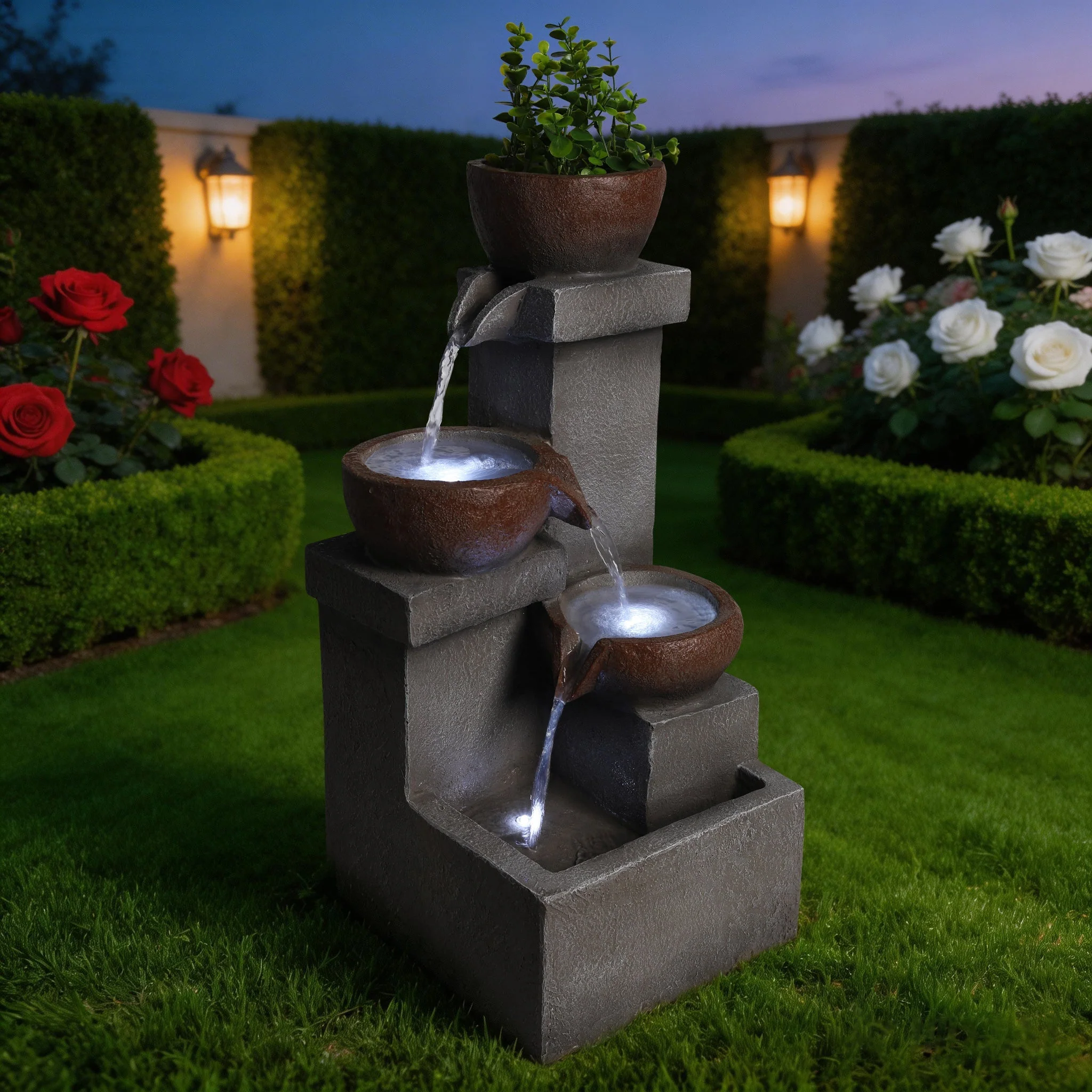 Outdoor Water Fountain Tiered Cascading Jar Waterfall Resin Garden Patio Decor with LED Lights - Image 10