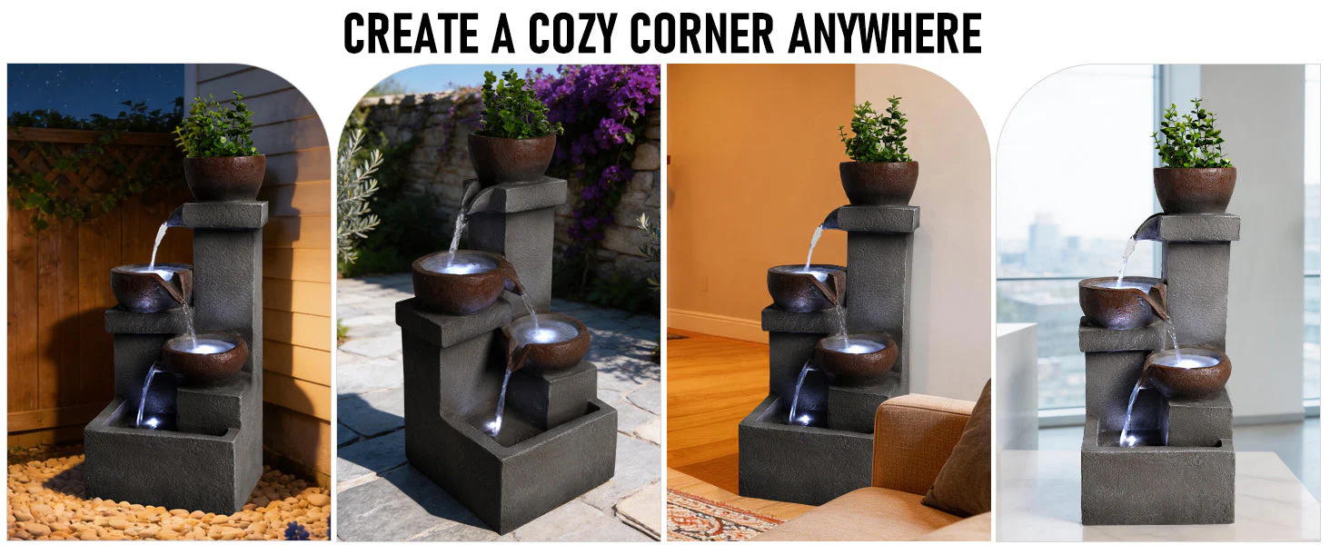 Outdoor Water Fountain Tiered Cascading Jar Waterfall Resin Garden Patio Decor with LED Lights - Image 13