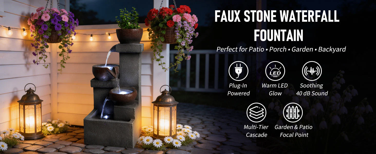 Outdoor Water Fountain Tiered Cascading Jar Waterfall Resin Garden Patio Decor with LED Lights - Image 14