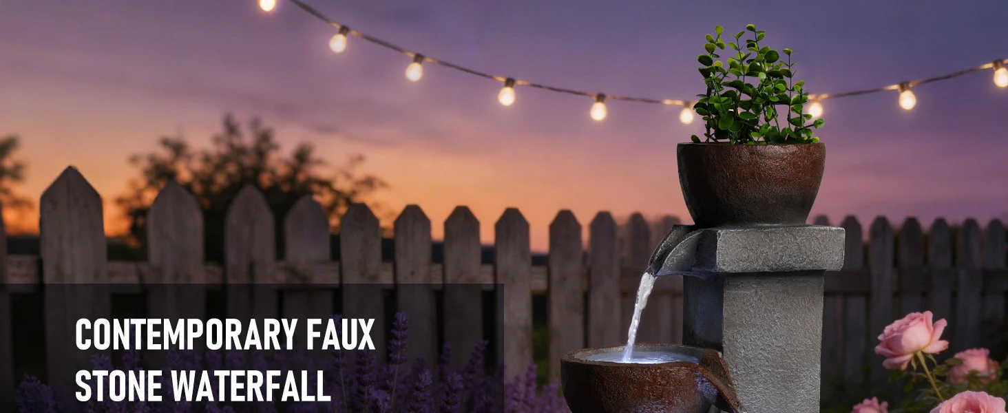 Outdoor Water Fountain Tiered Cascading Jar Waterfall Resin Garden Patio Decor with LED Lights - Image 15