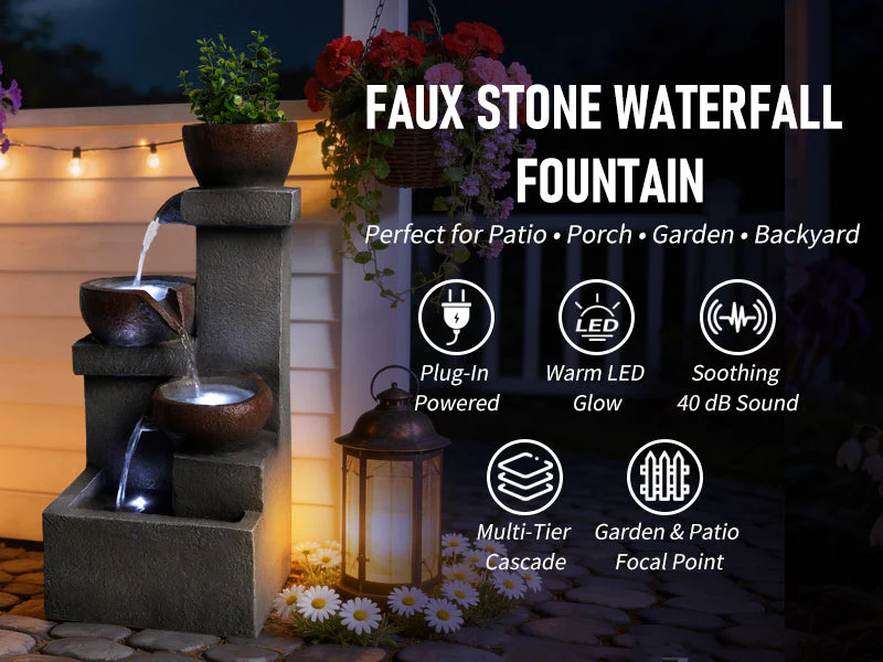 Outdoor Water Fountain Tiered Cascading Jar Waterfall Resin Garden Patio Decor with LED Lights - Image 16