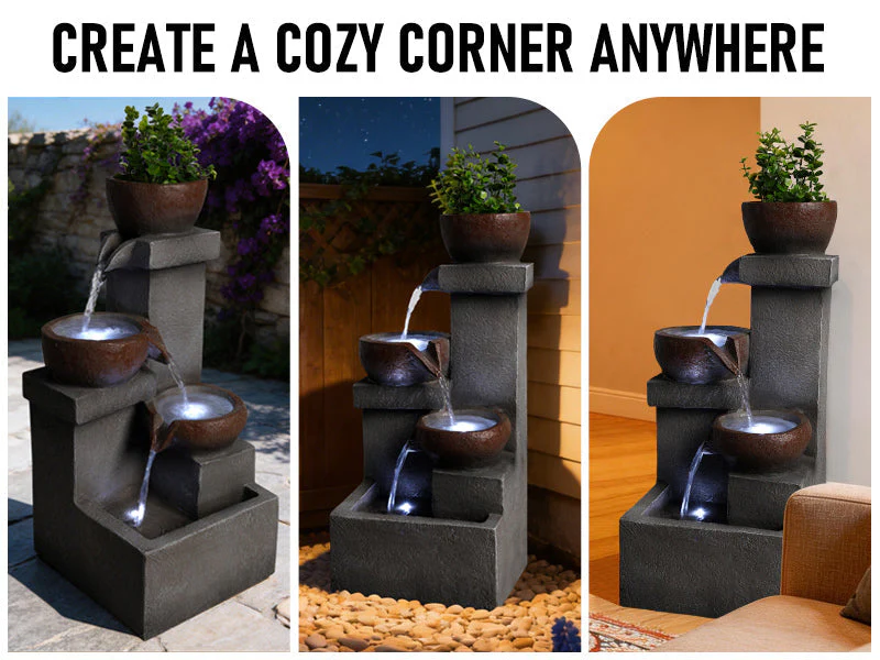 Outdoor Water Fountain Tiered Cascading Jar Waterfall Resin Garden Patio Decor with LED Lights - Image 17