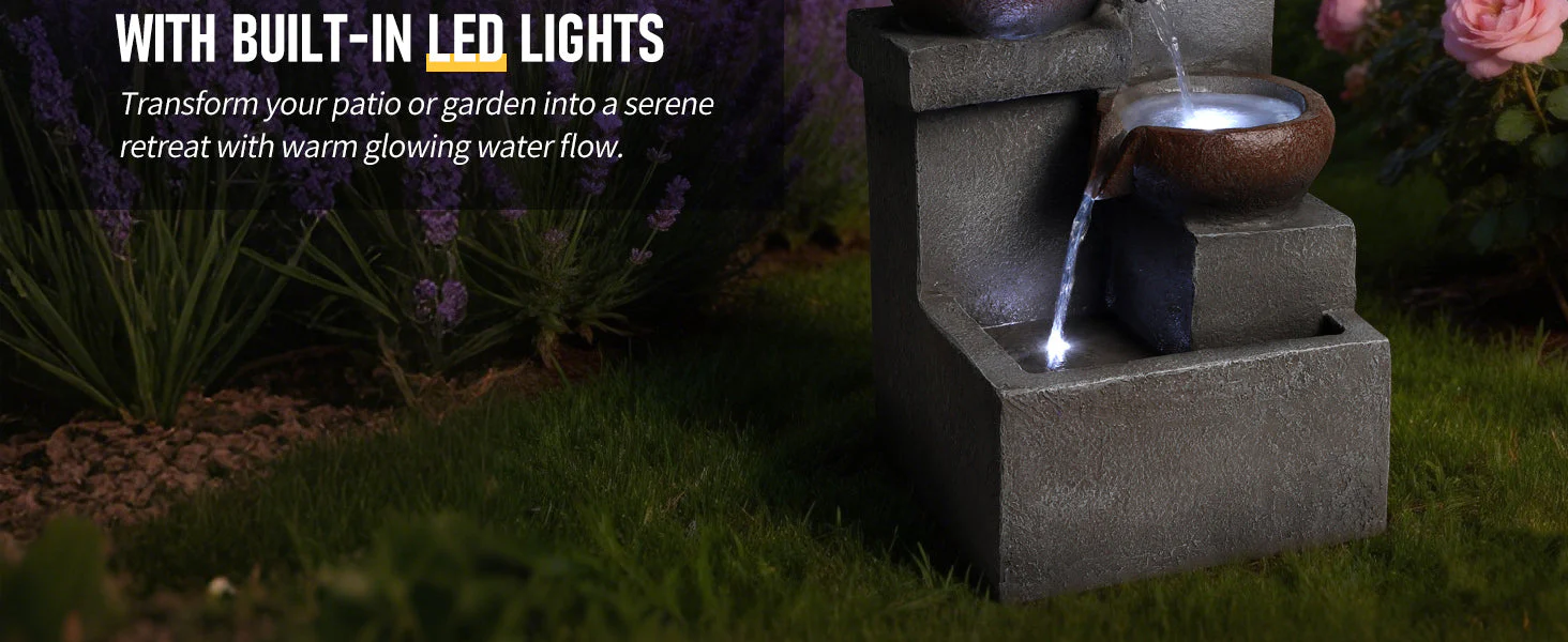 Outdoor Water Fountain Tiered Cascading Jar Waterfall Resin Garden Patio Decor with LED Lights - Image 18