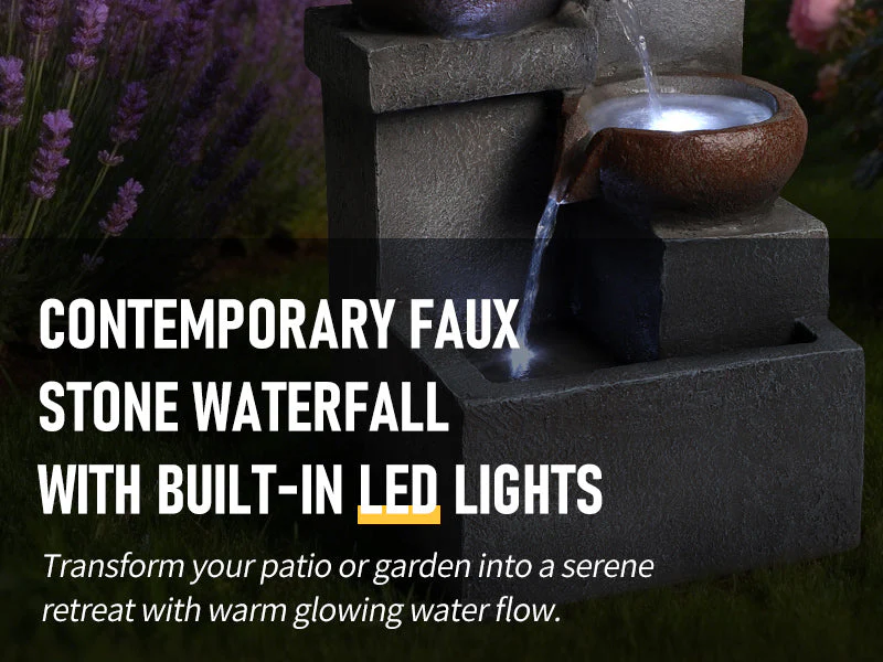 Outdoor Water Fountain Tiered Cascading Jar Waterfall Resin Garden Patio Decor with LED Lights - Image 19