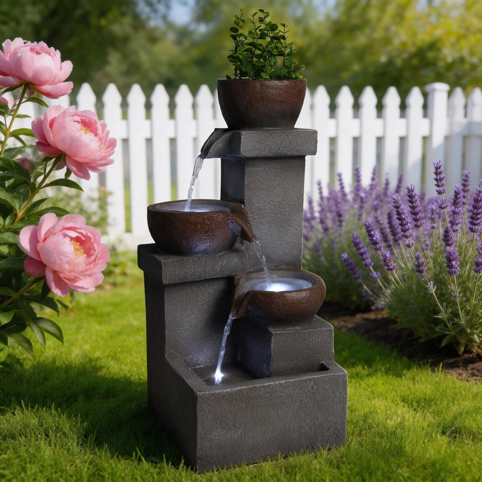 Outdoor Water Fountain Tiered Cascading Jar Waterfall Resin Garden Patio Decor with LED Lights - Image 2