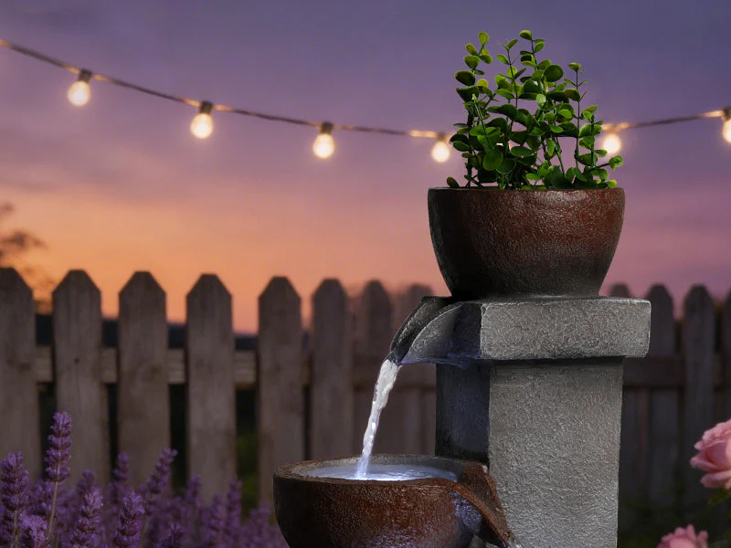 Outdoor Water Fountain Tiered Cascading Jar Waterfall Resin Garden Patio Decor with LED Lights - Image 20