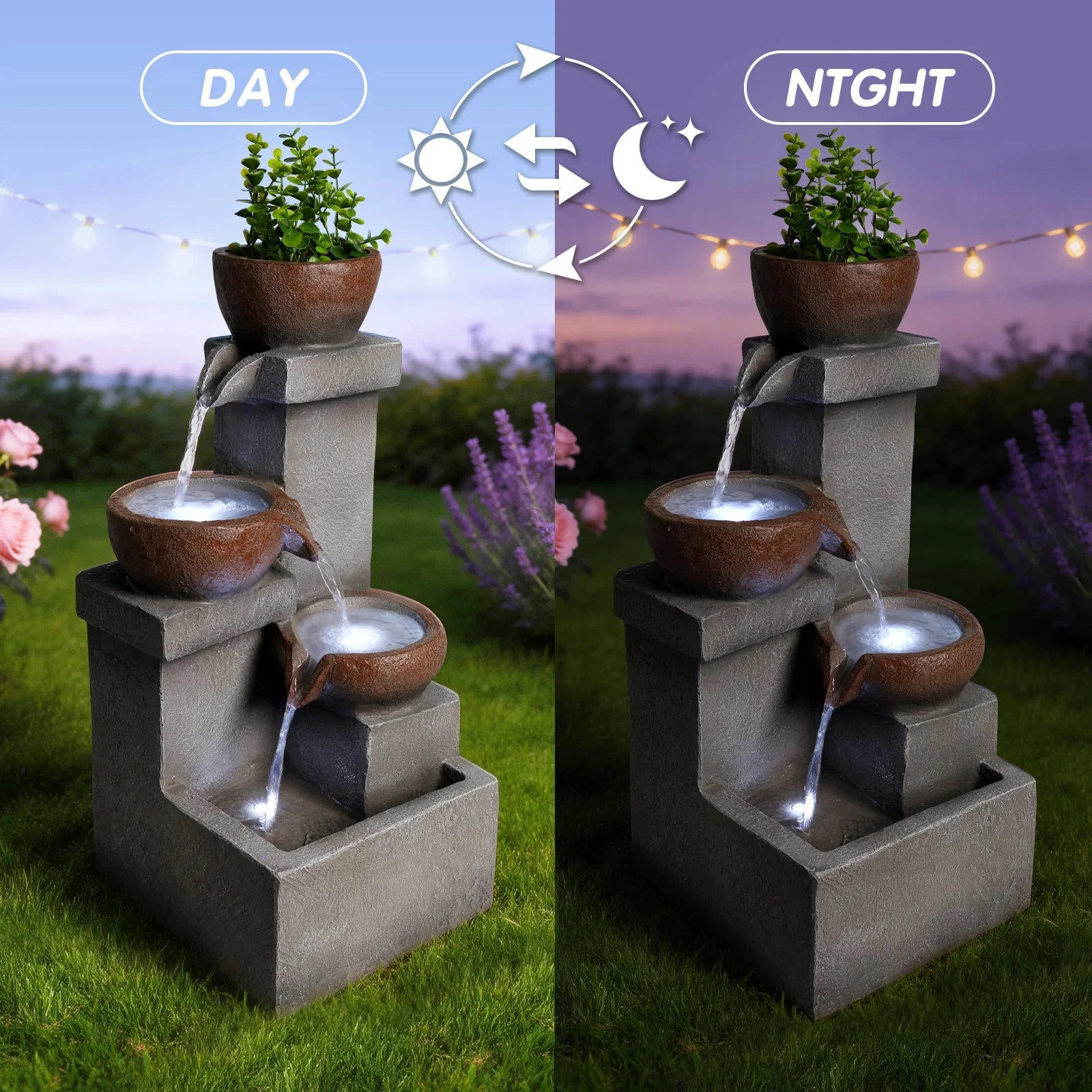 Outdoor Water Fountain Tiered Cascading Jar Waterfall Resin Garden Patio Decor with LED Lights - Image 3