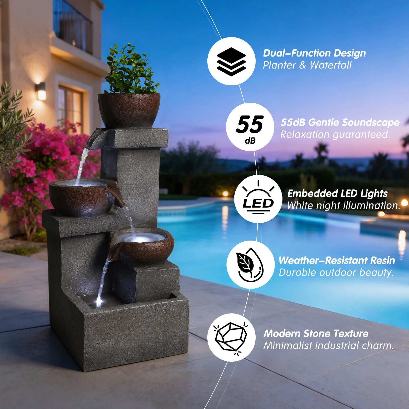 Outdoor Water Fountain Tiered Cascading Jar Waterfall Resin Garden Patio Decor with LED Lights - Image 4