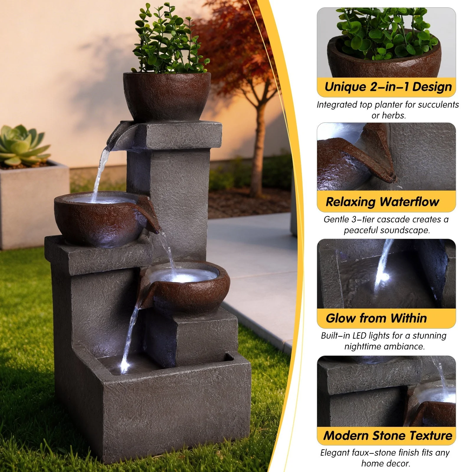Outdoor Water Fountain Tiered Cascading Jar Waterfall Resin Garden Patio Decor with LED Lights - Image 6