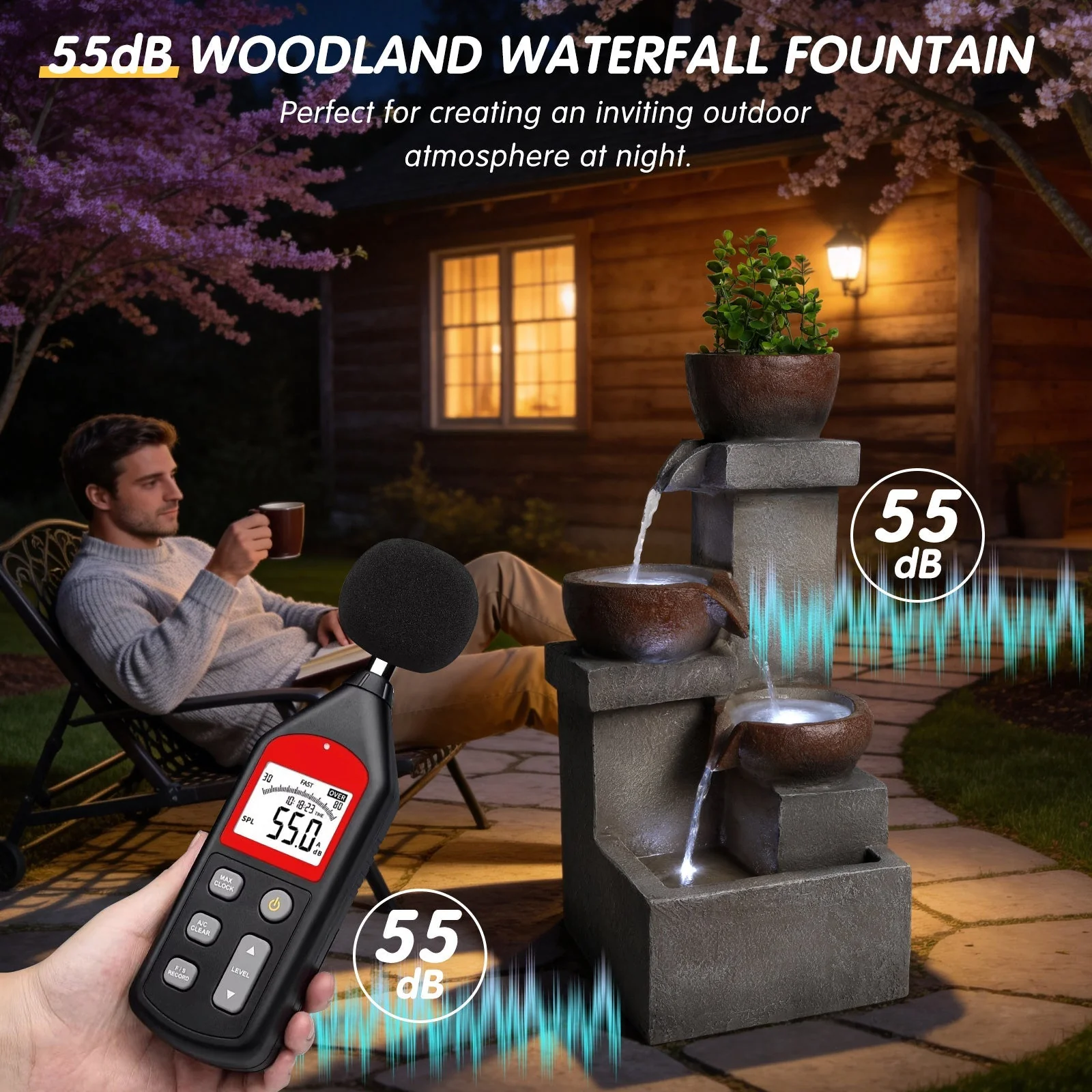 Outdoor Water Fountain Tiered Cascading Jar Waterfall Resin Garden Patio Decor with LED Lights - Image 7