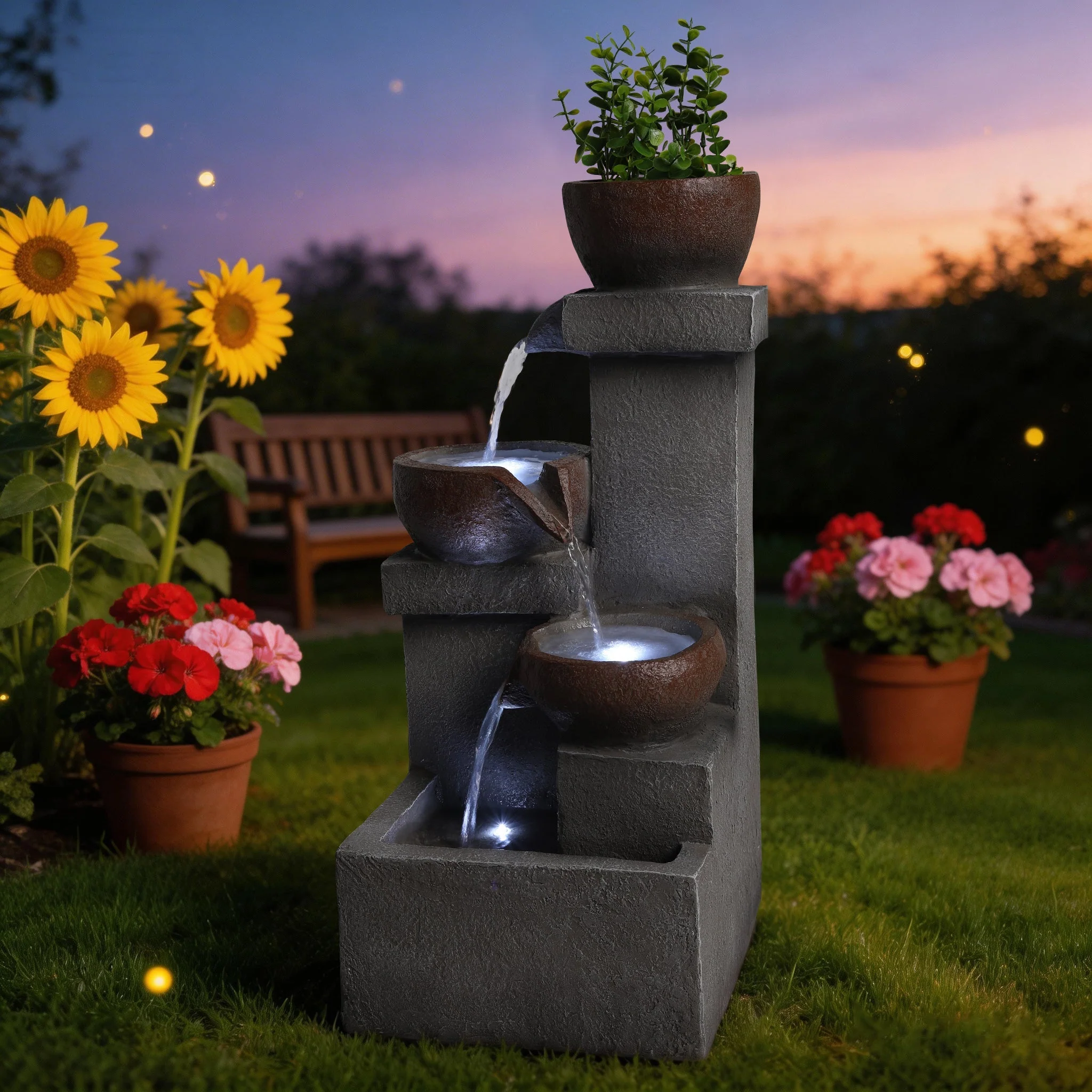 Outdoor Water Fountain Tiered Cascading Jar Waterfall Resin Garden Patio Decor with LED Lights - Image 8