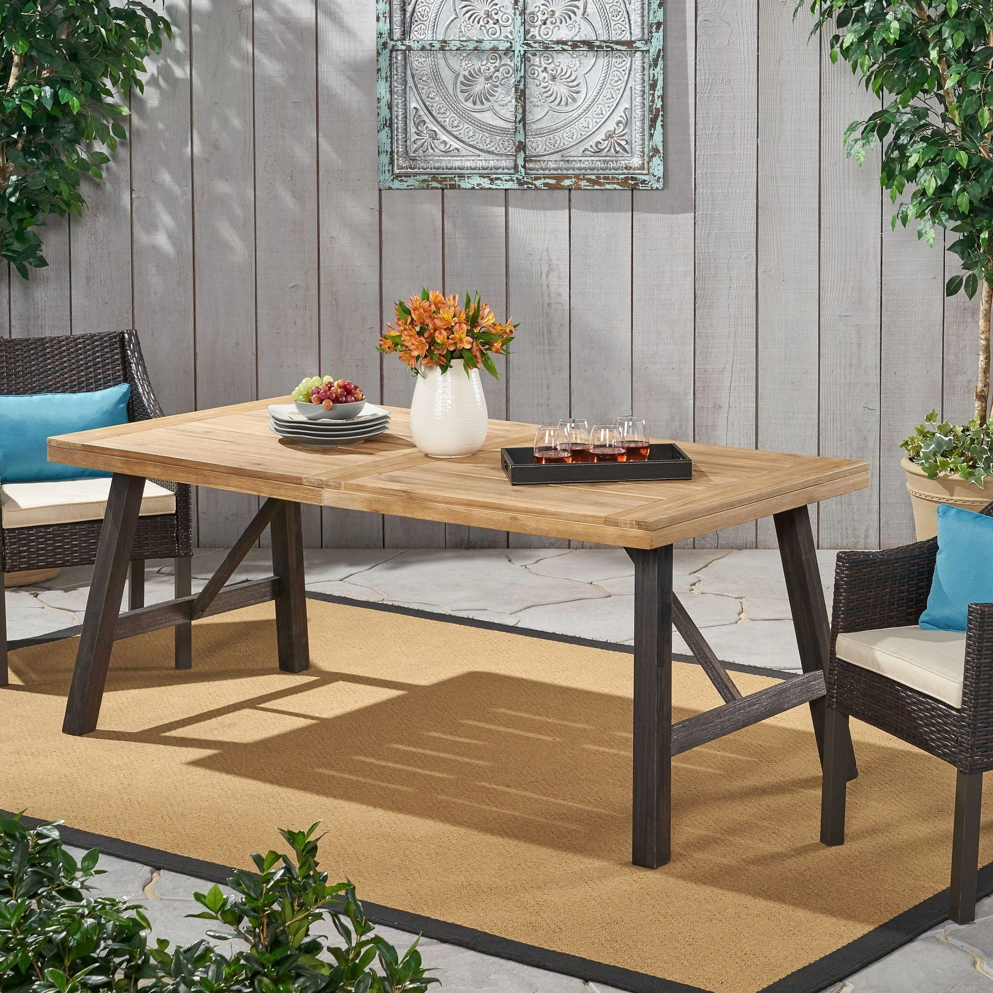 Outdoor Weather Resistant Dining Table With Slat Panel Design - Natural / Gray - Image 3