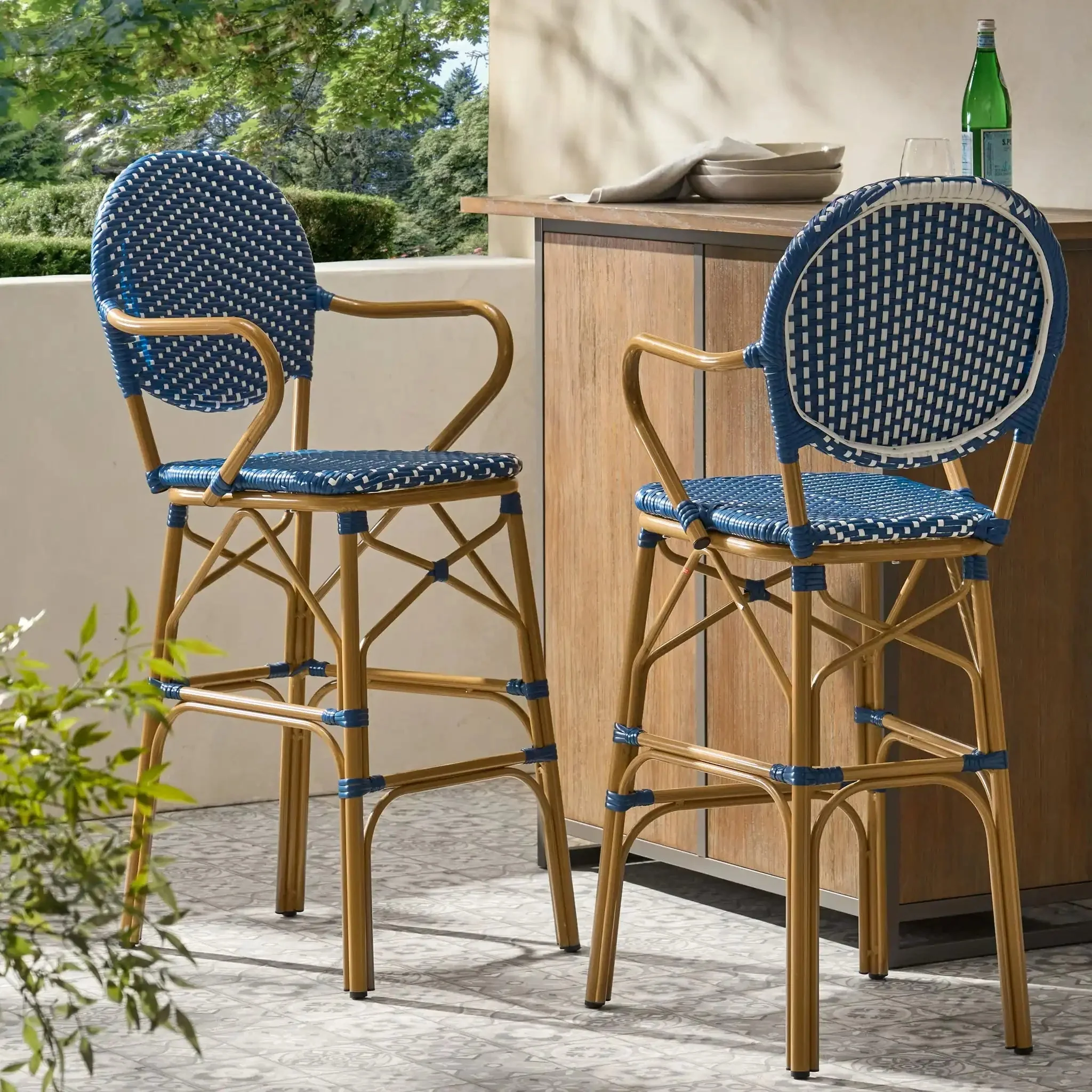 Outdoor Wicker And Aluminum French Barstools (Set of 2) - Image 4