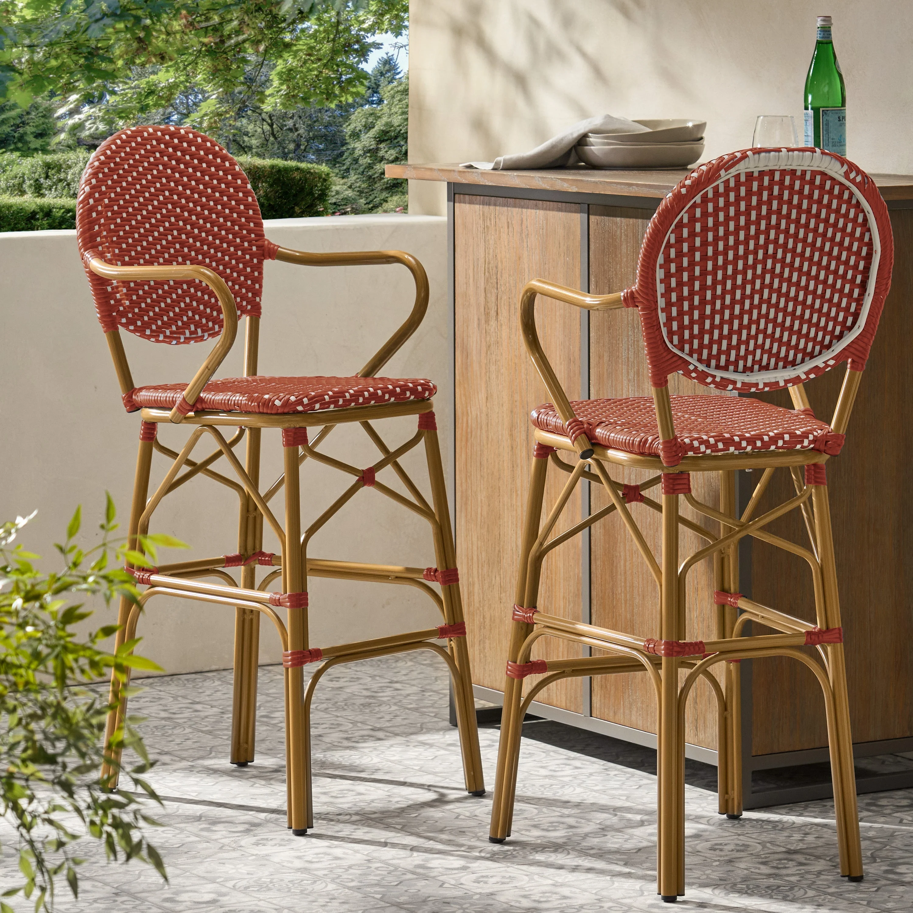 Outdoor Wicker and Aluminum French Barstools, Set of 2 - Image 2