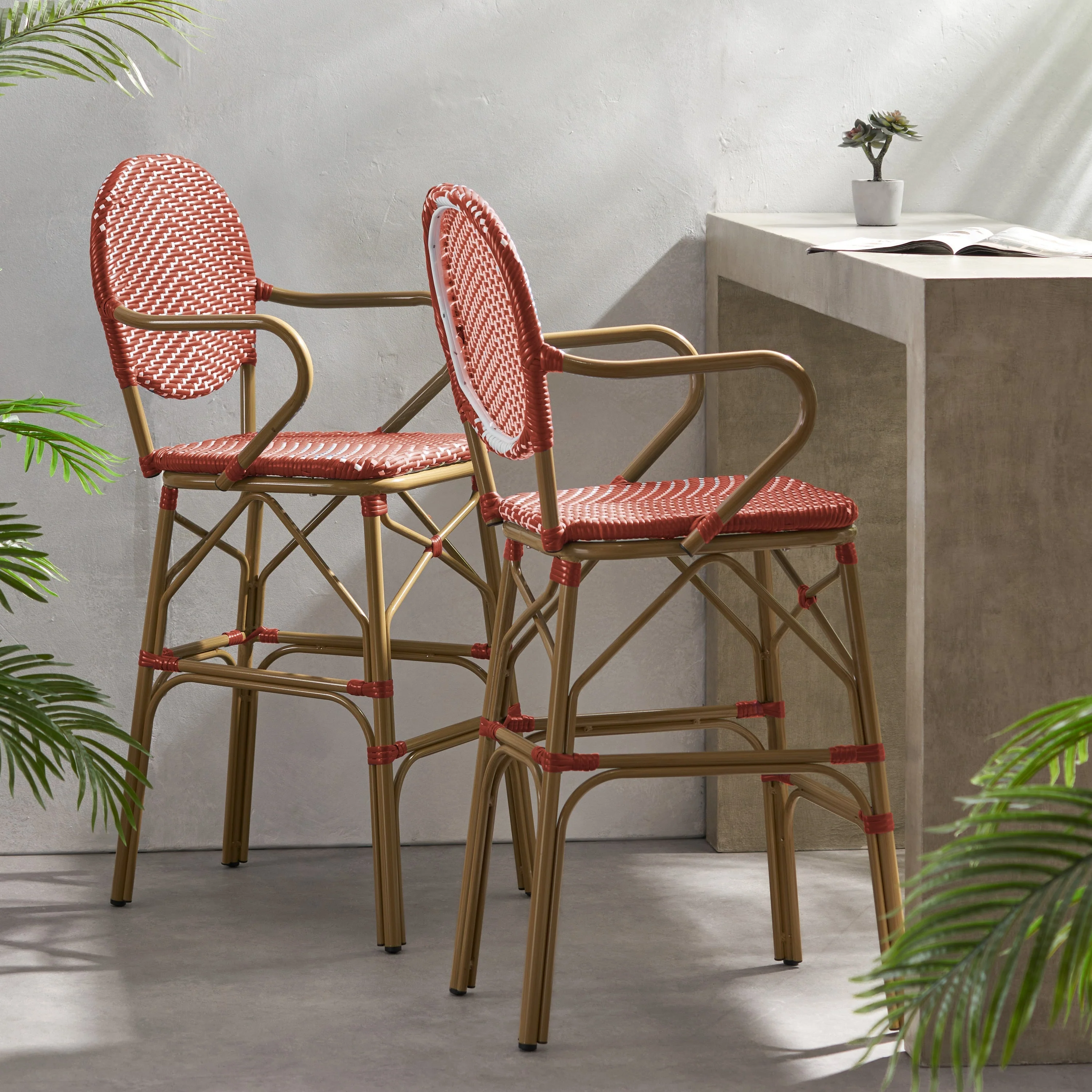 Outdoor Wicker and Aluminum French Barstools, Set of 2 - Image 5