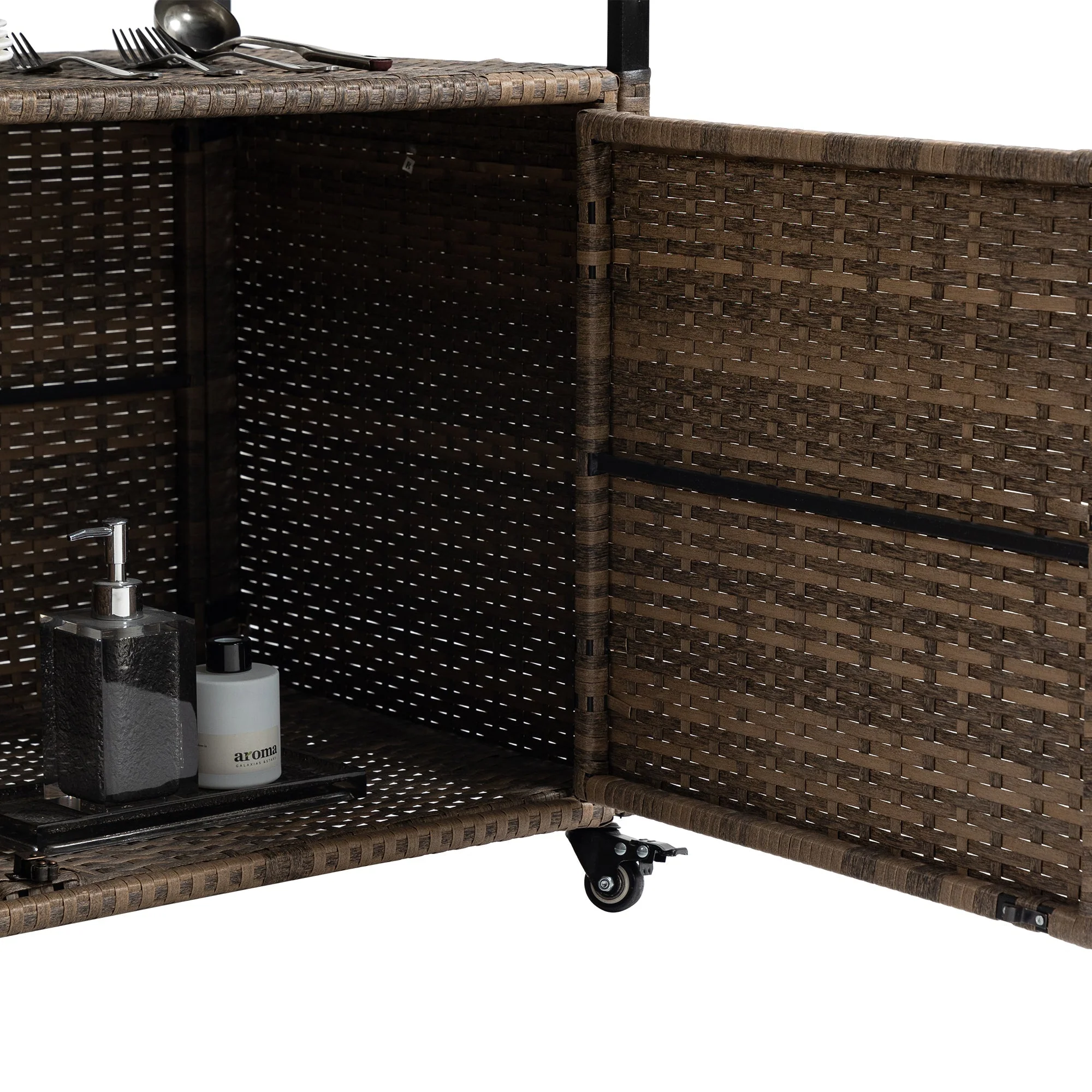 Outdoor Wicker Bar Cart with Glass Top and Wheels - Image 10