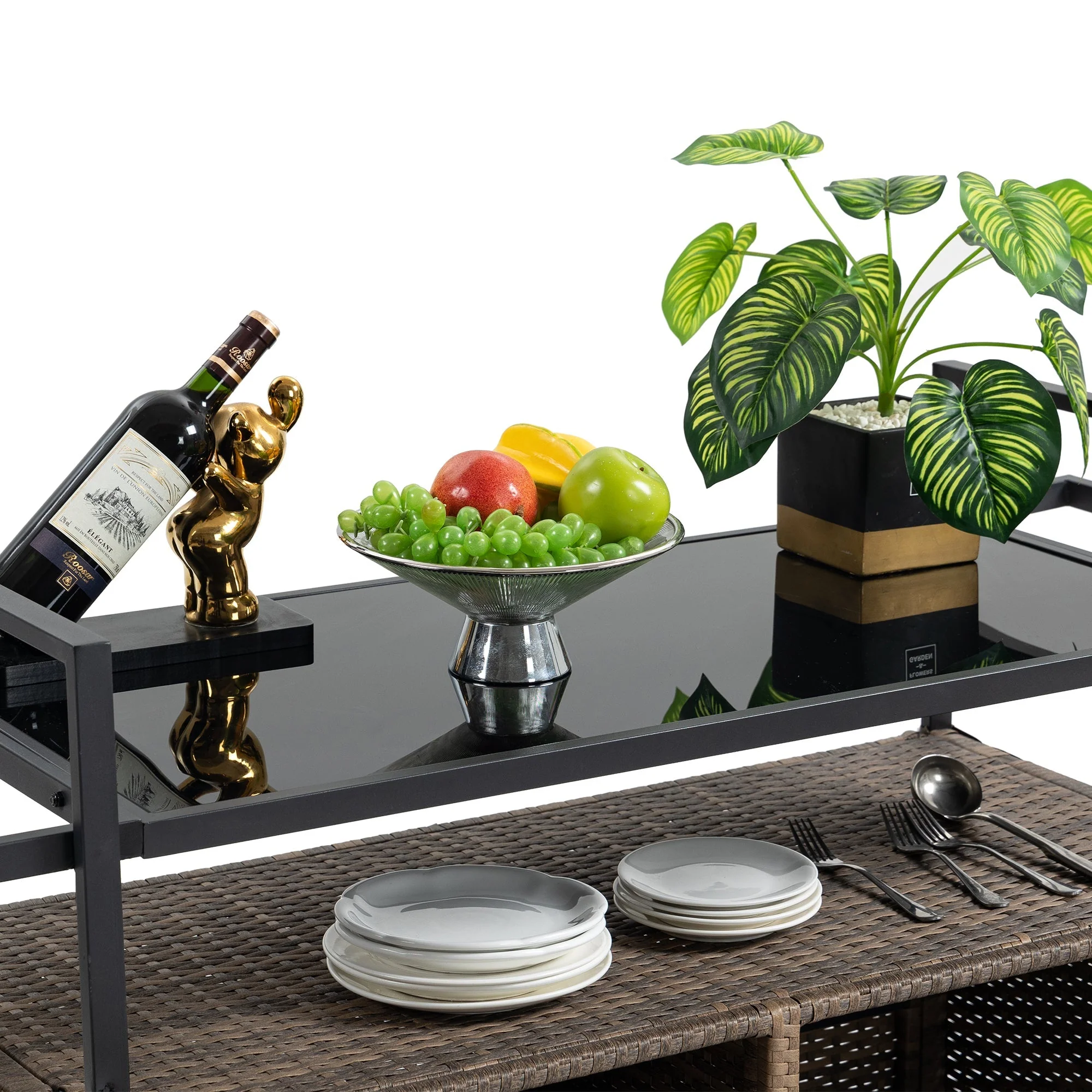 Outdoor Wicker Bar Cart with Glass Top and Wheels - Image 13