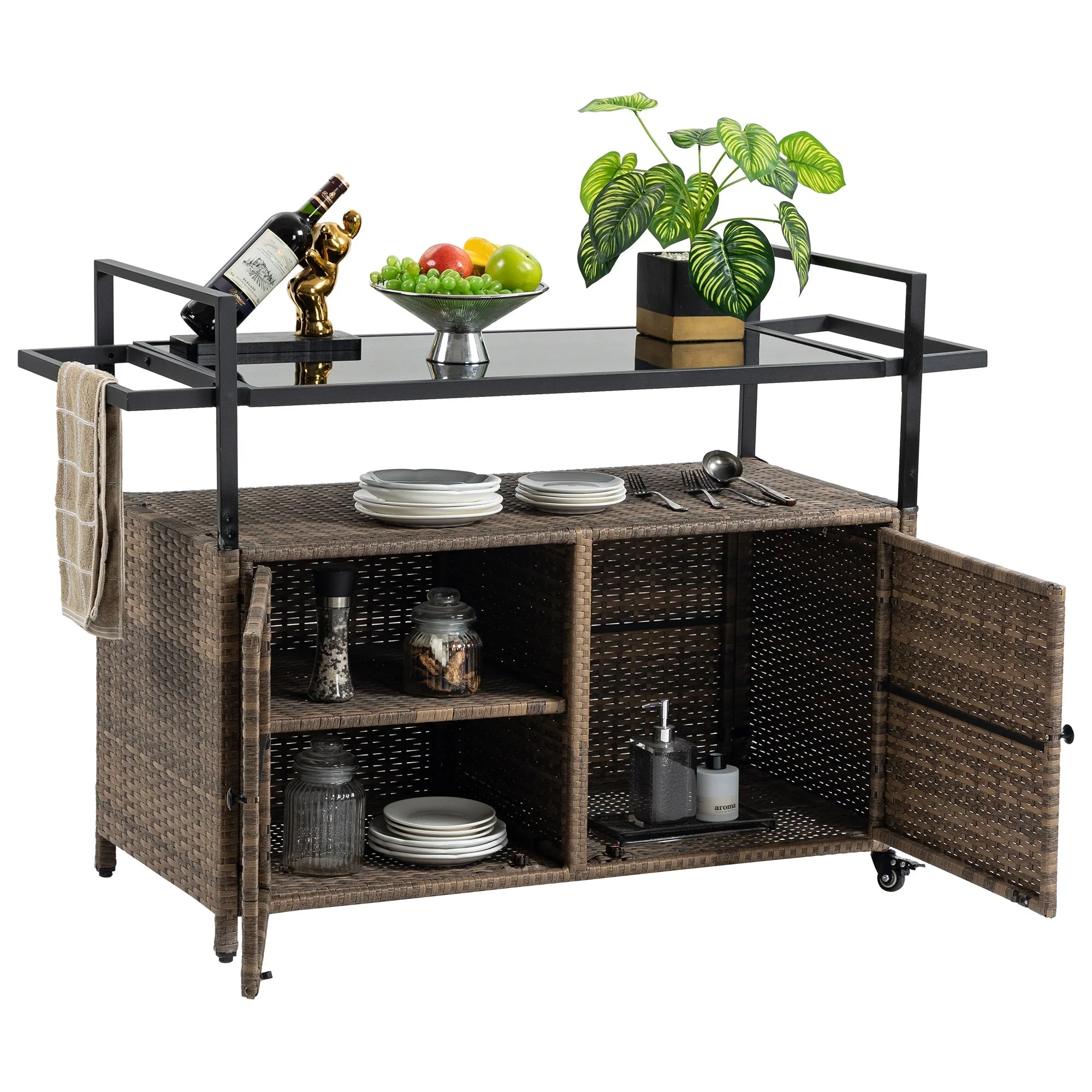 Outdoor Wicker Bar Cart with Glass Top and Wheels - Image 14