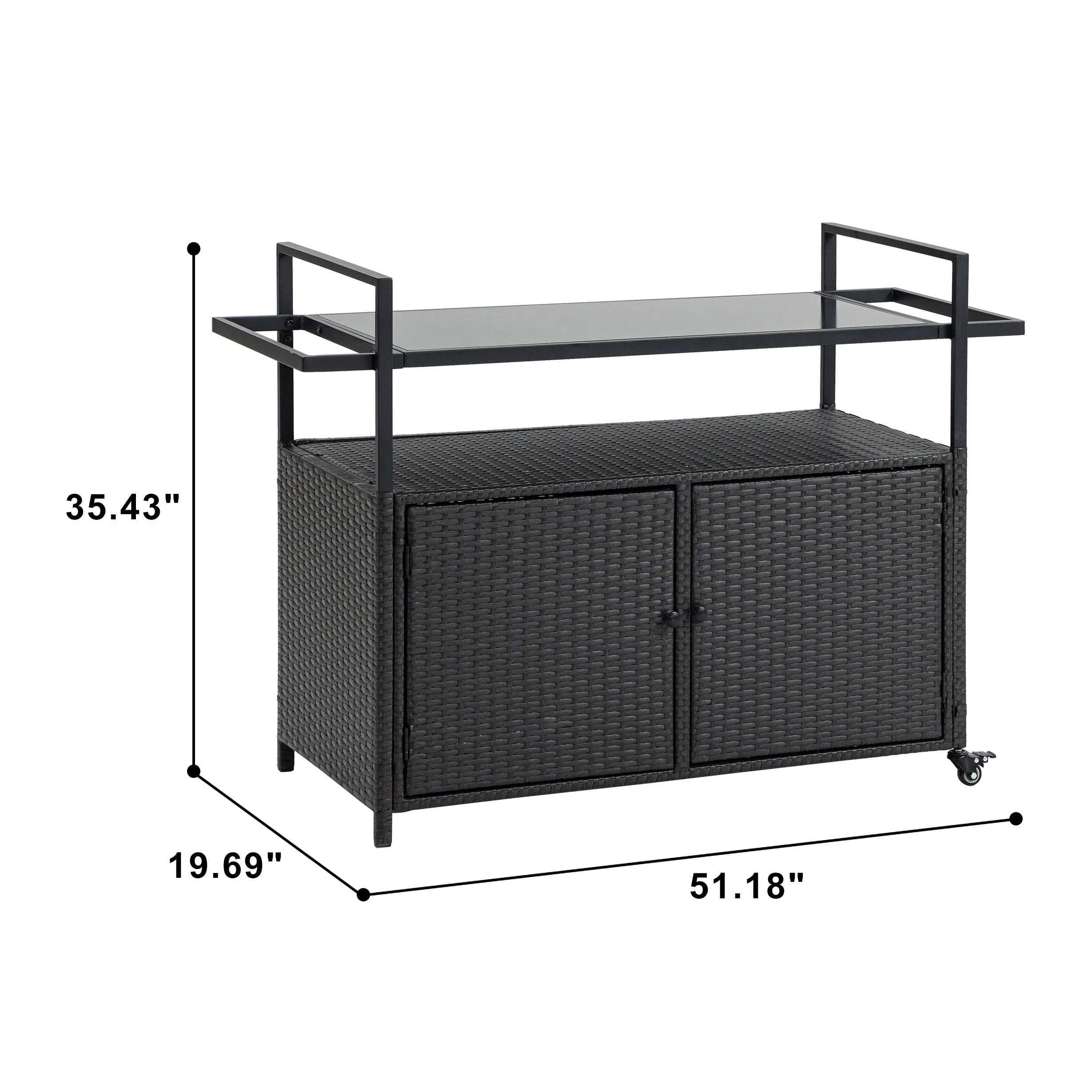 Outdoor Wicker Bar Cart with Glass Top and Wheels - Image 2