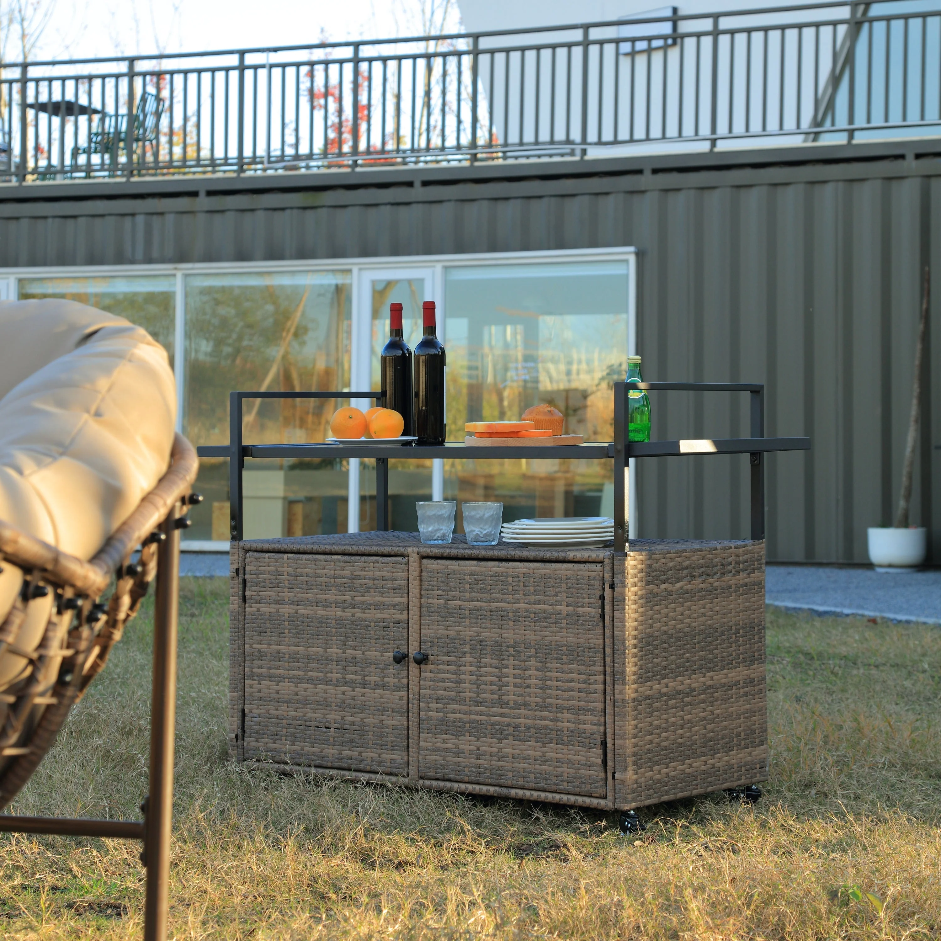 Outdoor Wicker Bar Cart with Glass Top and Wheels - Image 3