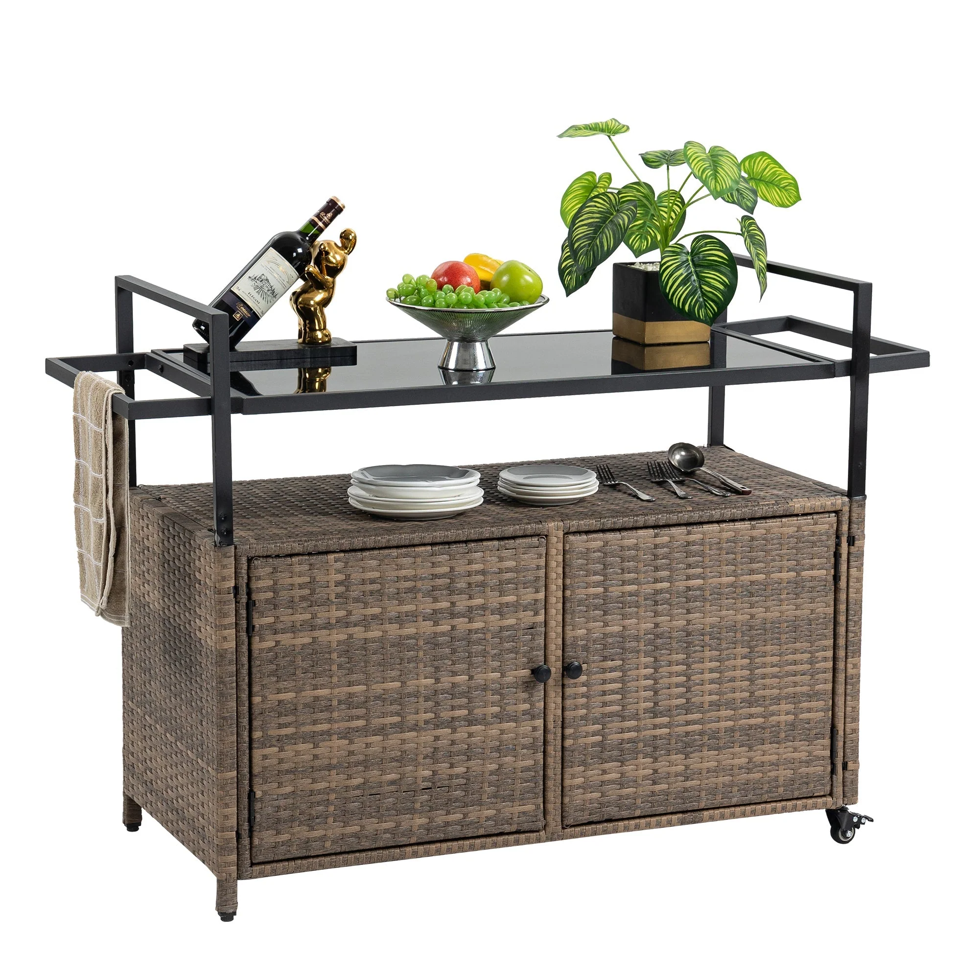 Outdoor Wicker Bar Cart with Glass Top and Wheels - Image 4