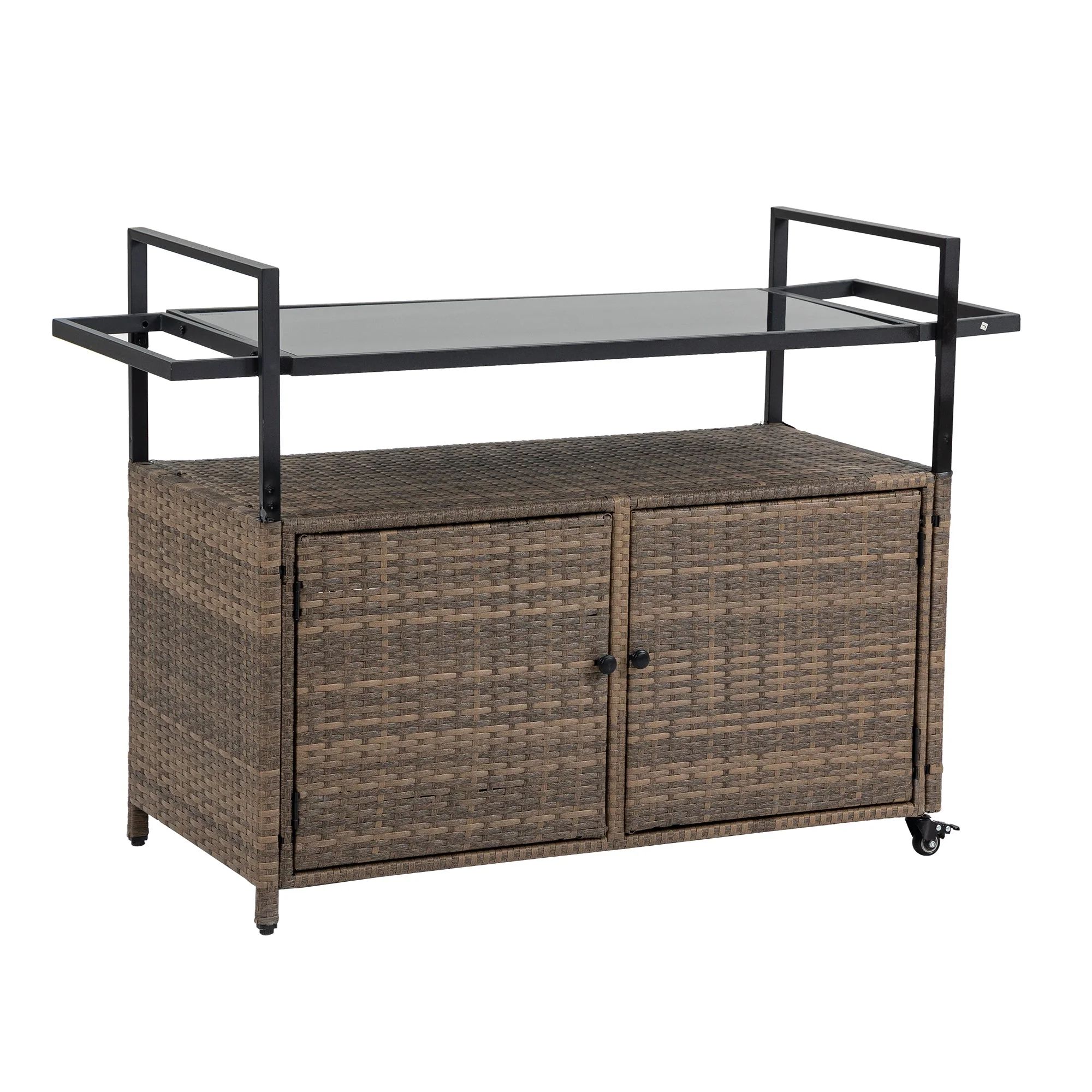 Outdoor Wicker Bar Cart with Glass Top and Wheels - Image 5