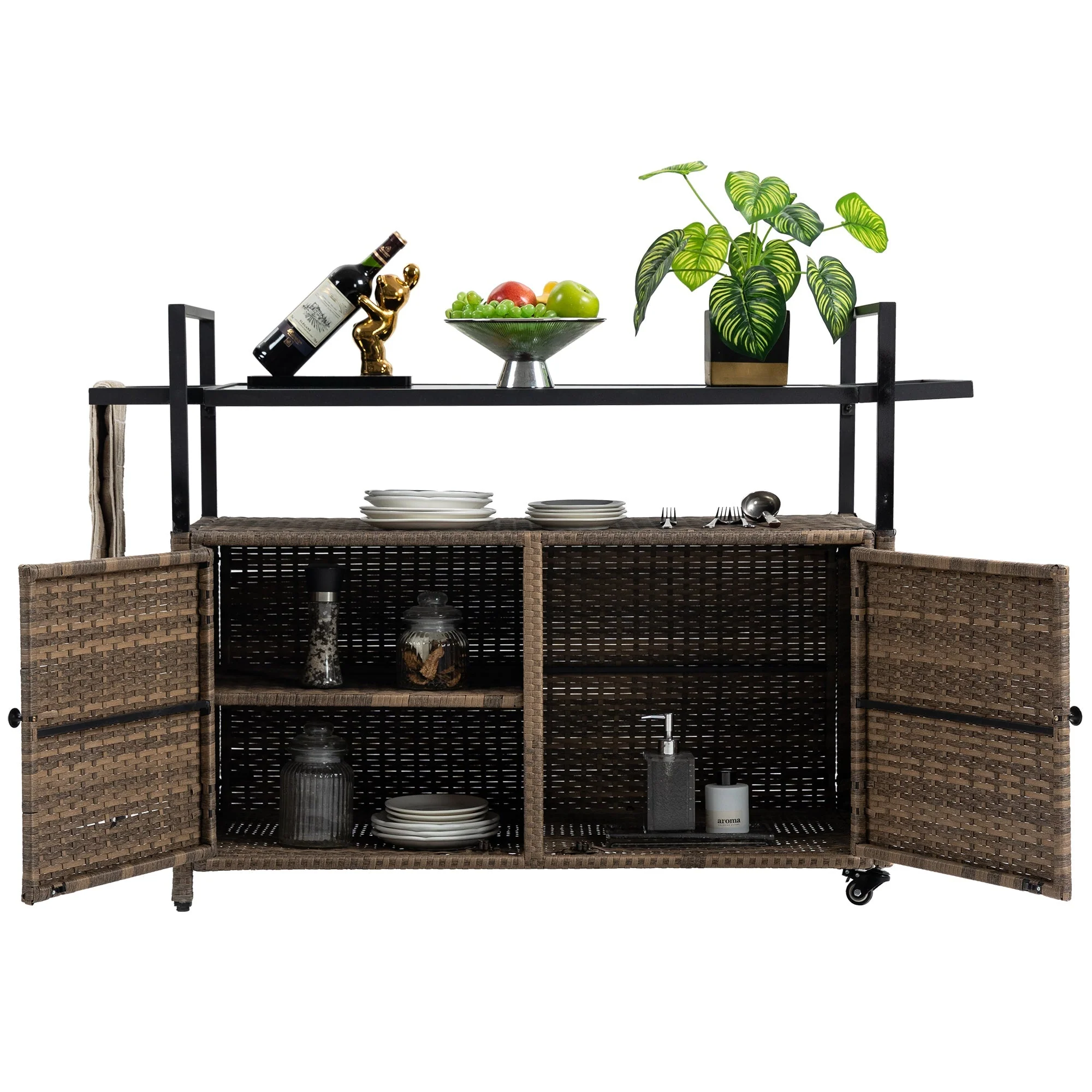 Outdoor Wicker Bar Cart with Glass Top and Wheels - Image 6