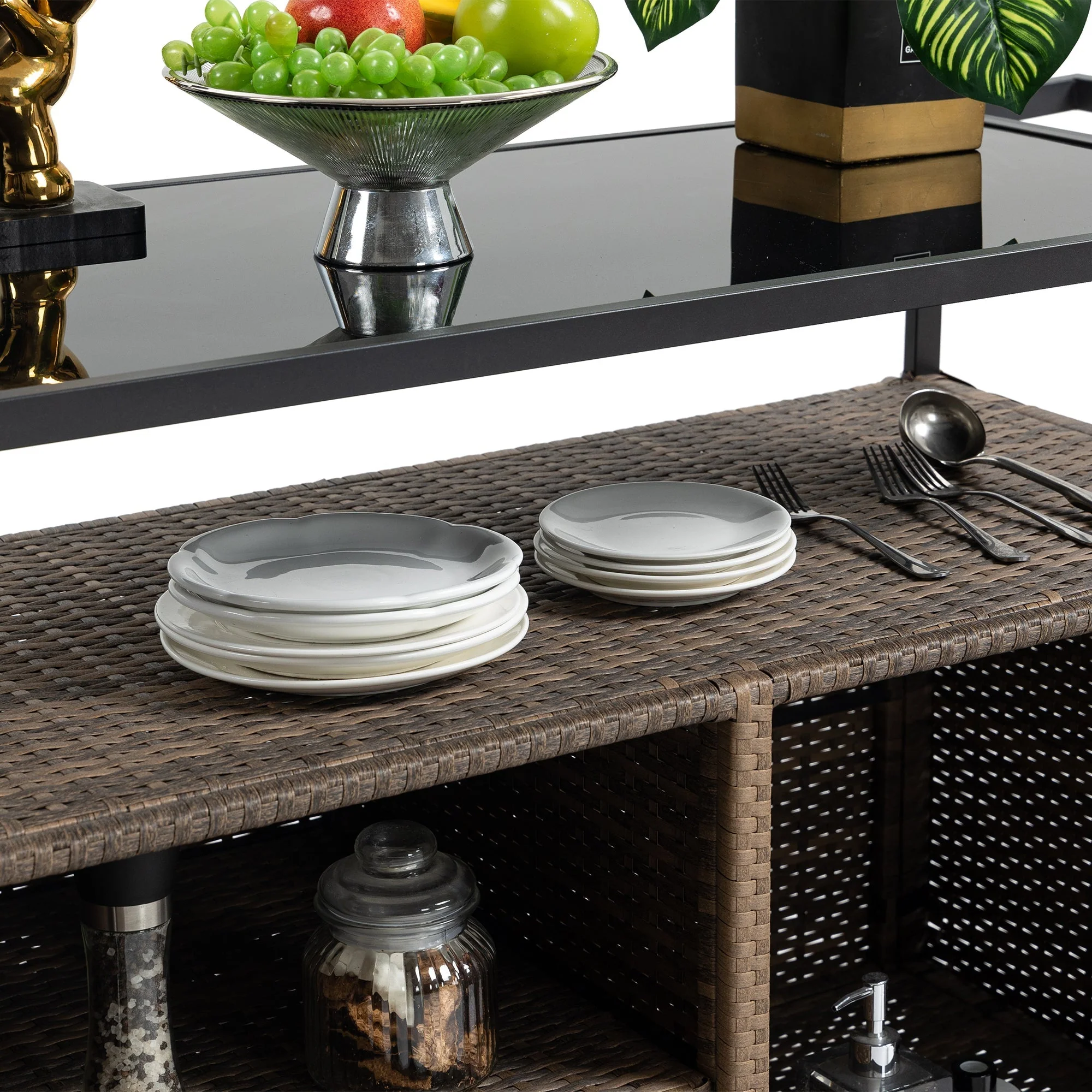 Outdoor Wicker Bar Cart with Glass Top and Wheels - Image 7