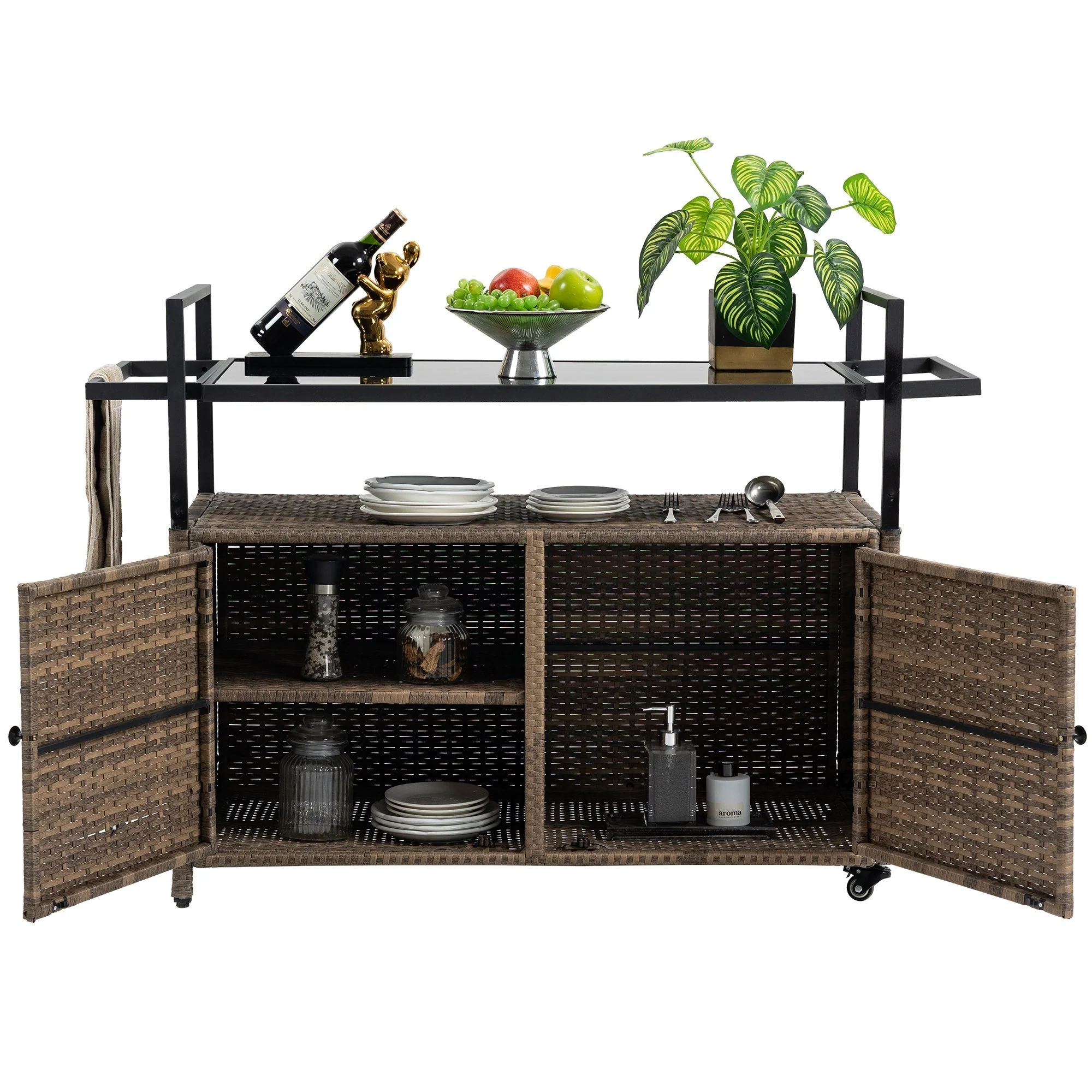 Outdoor Wicker Bar Cart with Glass Top and Wheels - Image 8