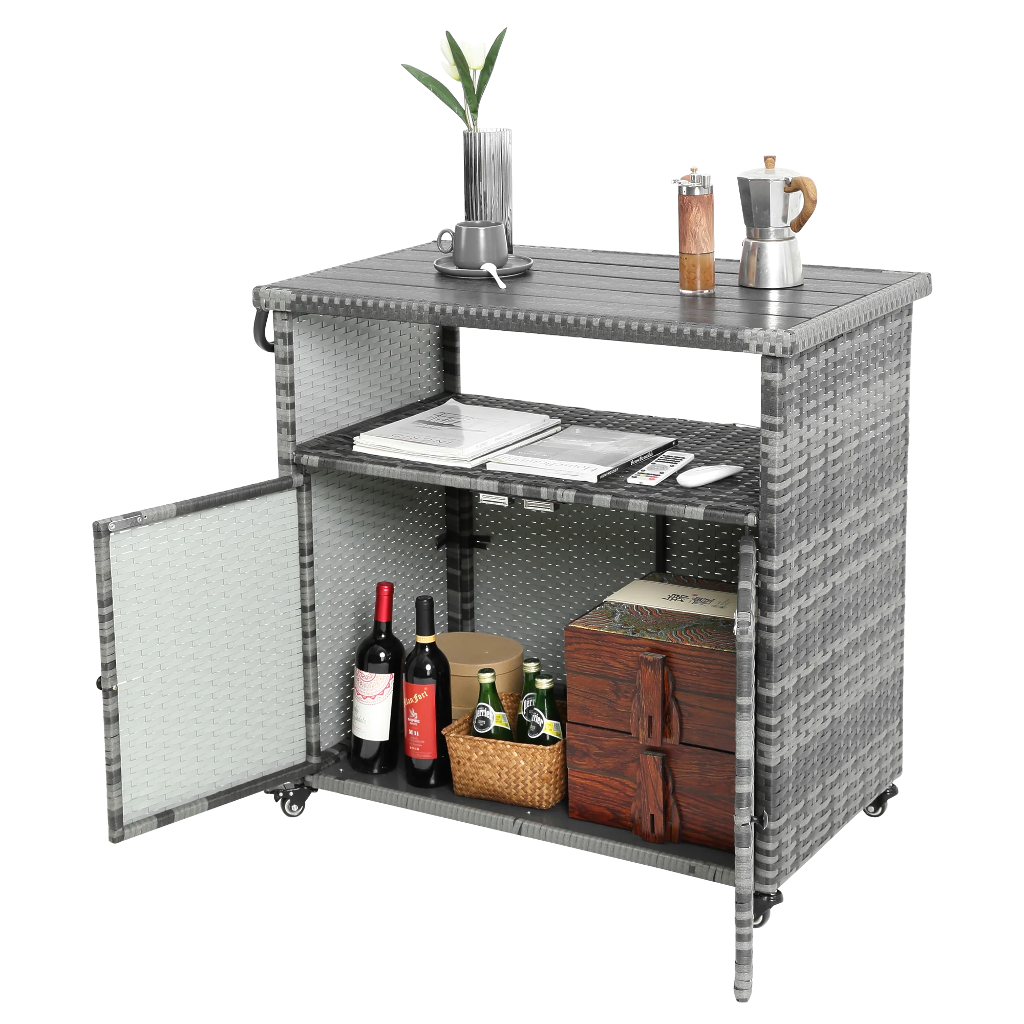 Outdoor Wicker Bar Cart with Glass Top and Wheels - Image 10