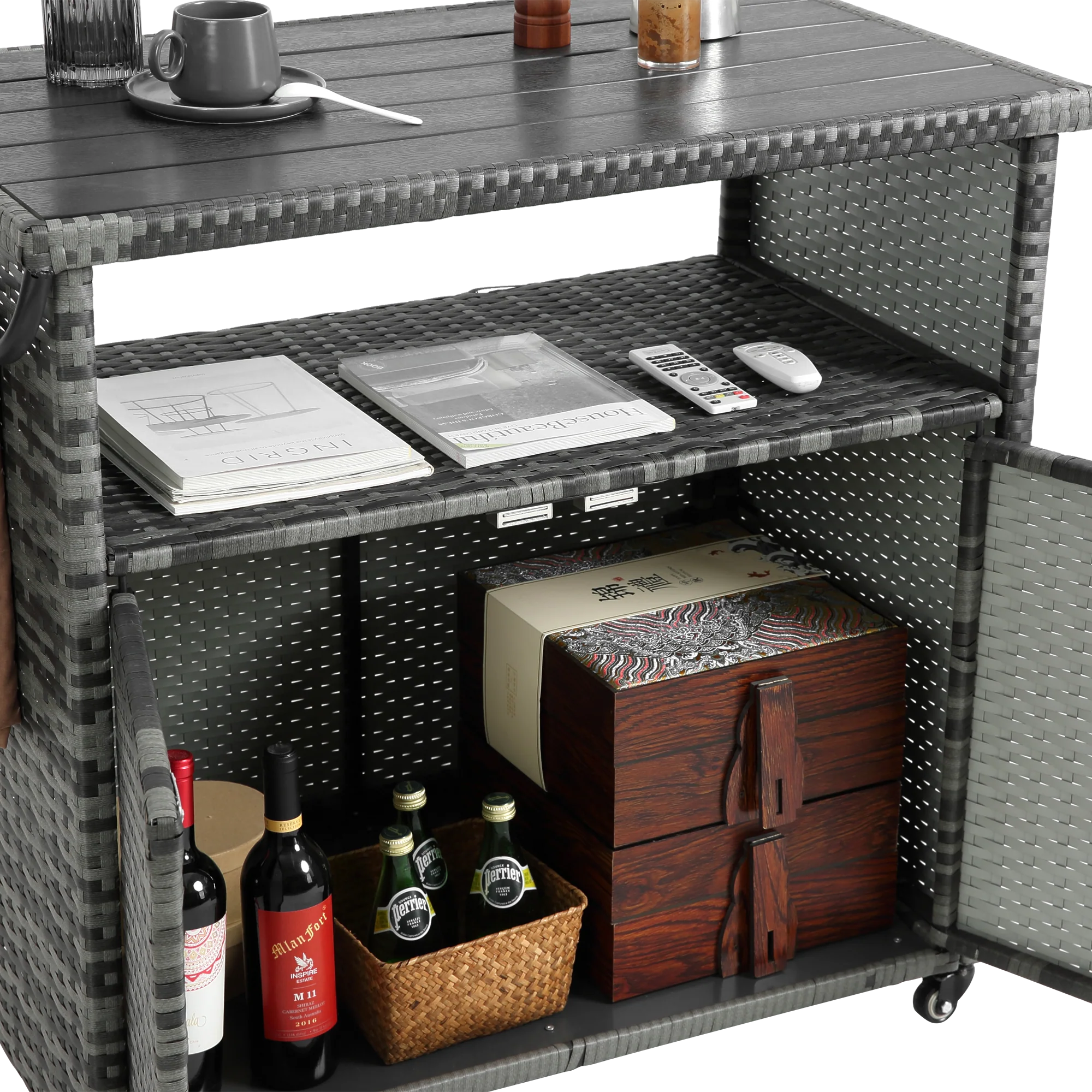 Outdoor Wicker Bar Cart with Glass Top and Wheels - Image 11
