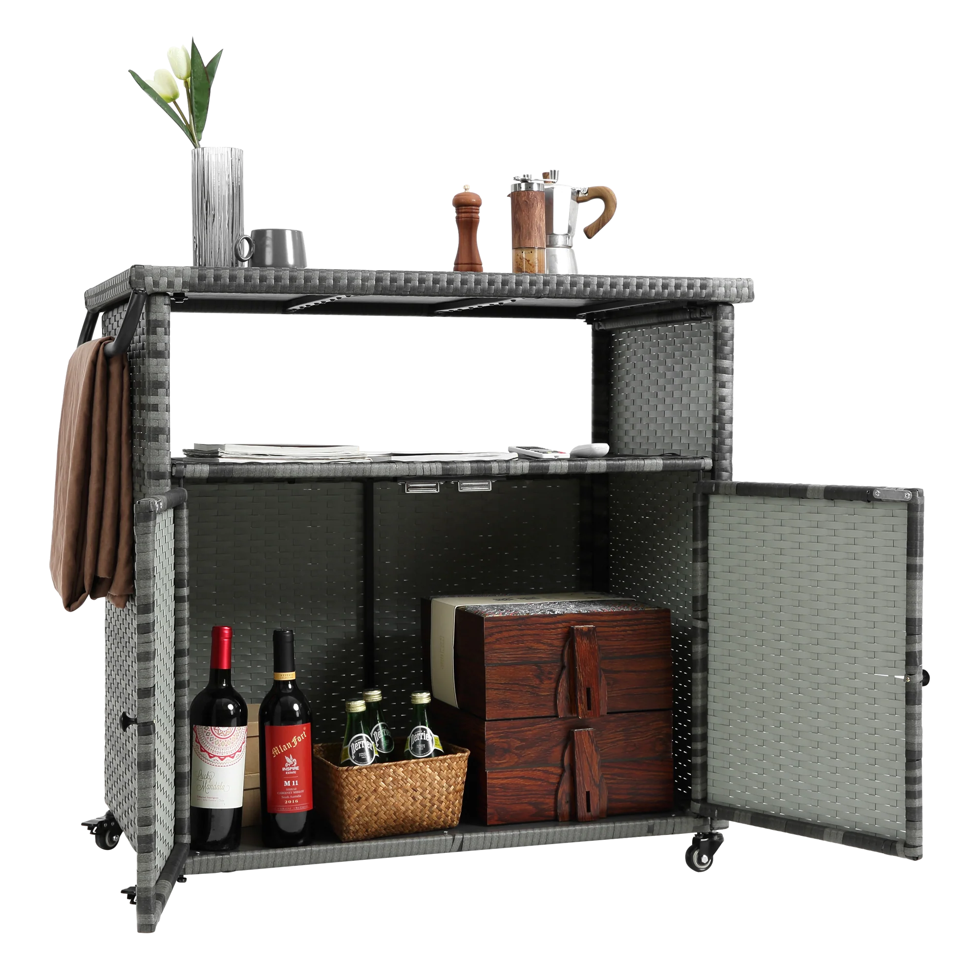 Outdoor Wicker Bar Cart with Glass Top and Wheels - Image 13