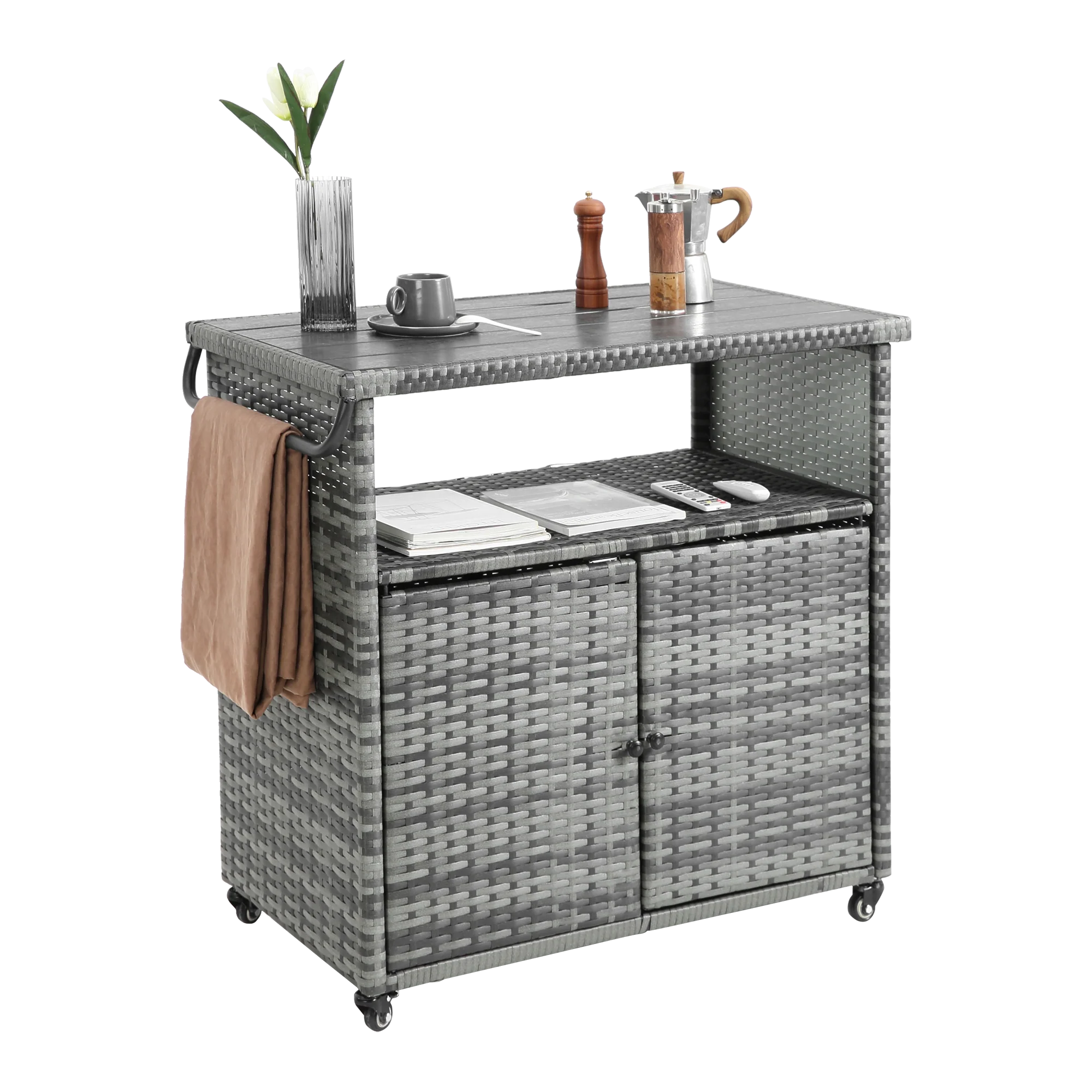 Outdoor Wicker Bar Cart with Glass Top and Wheels - Image 2