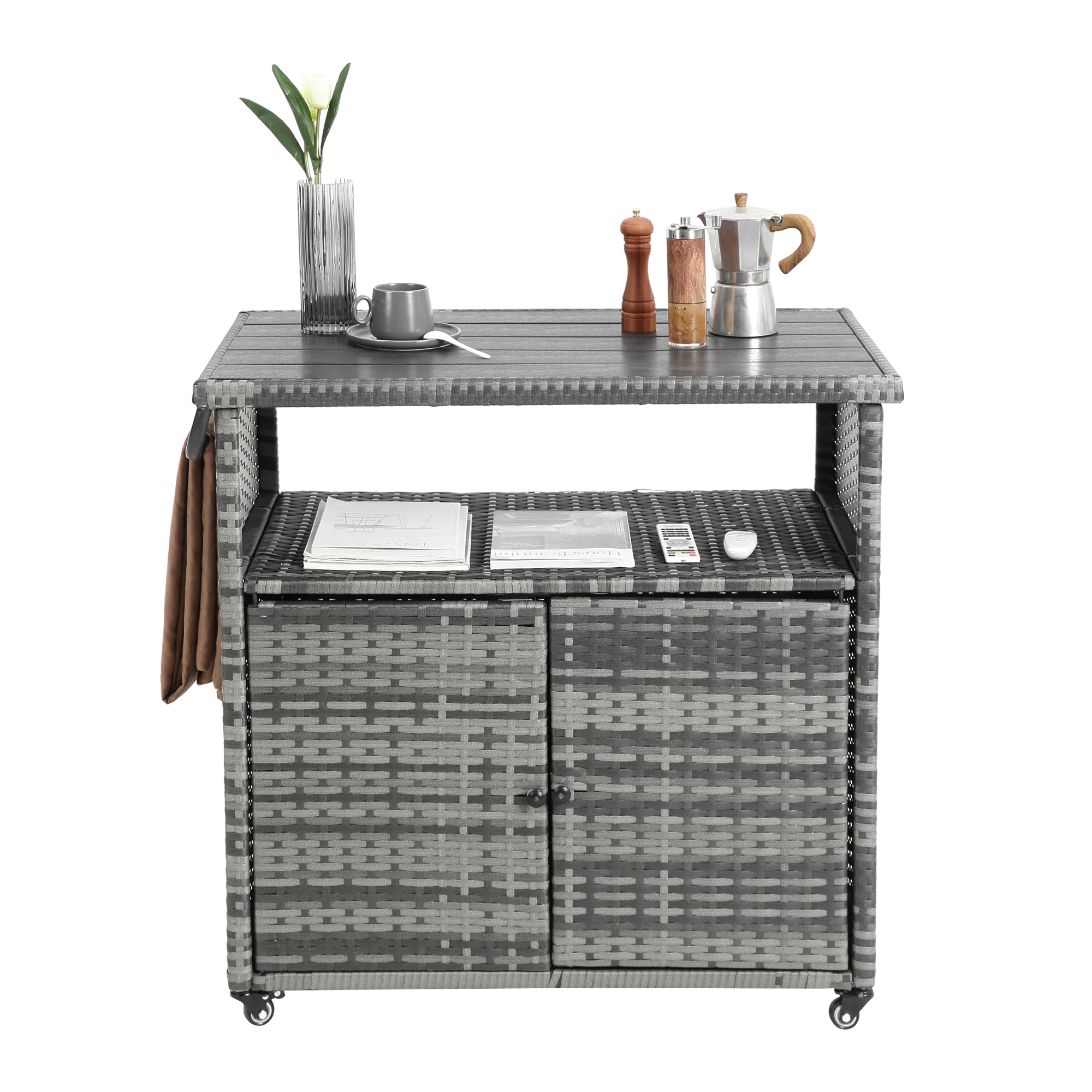 Outdoor Wicker Bar Cart with Glass Top and Wheels - Image 3