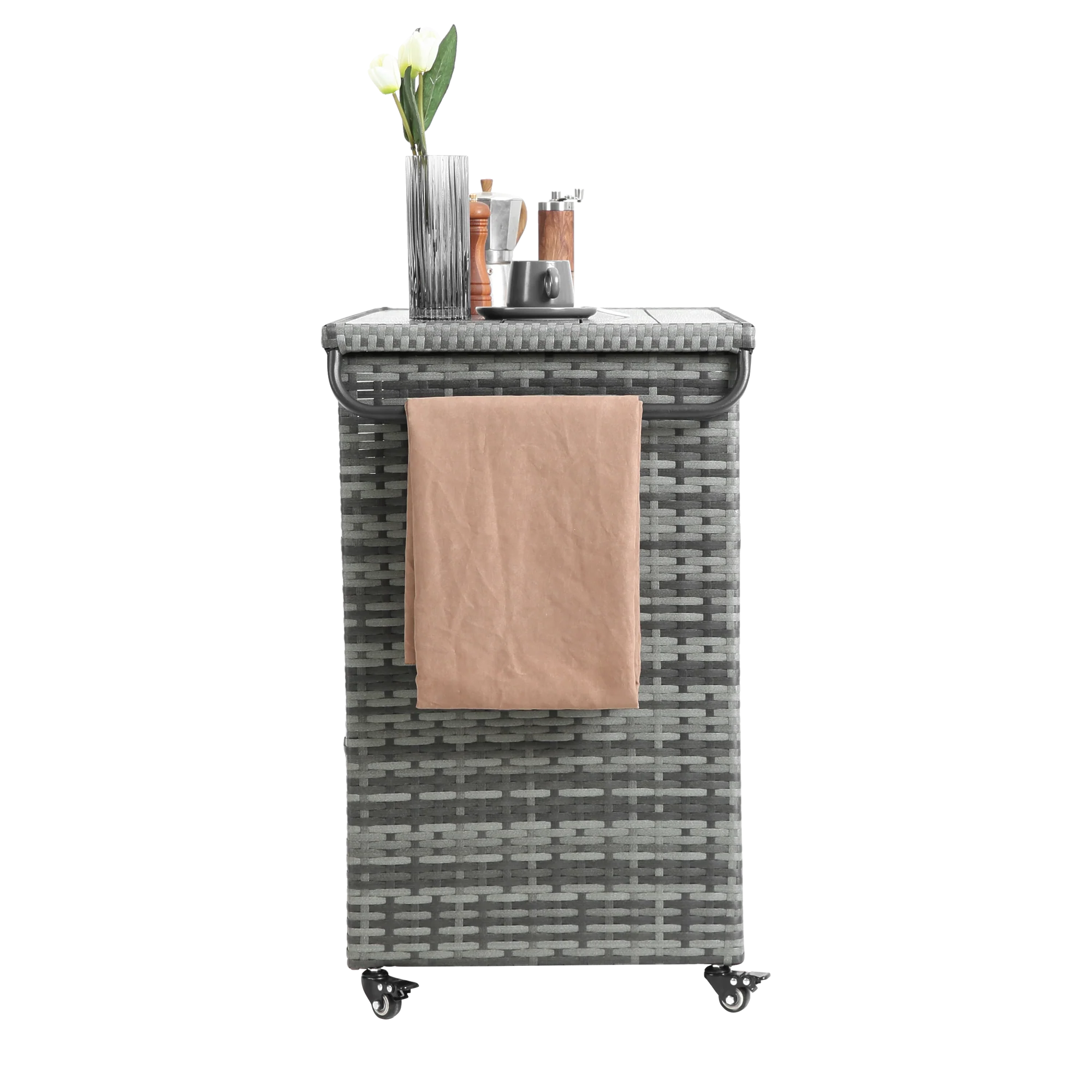 Outdoor Wicker Bar Cart with Glass Top and Wheels - Image 5