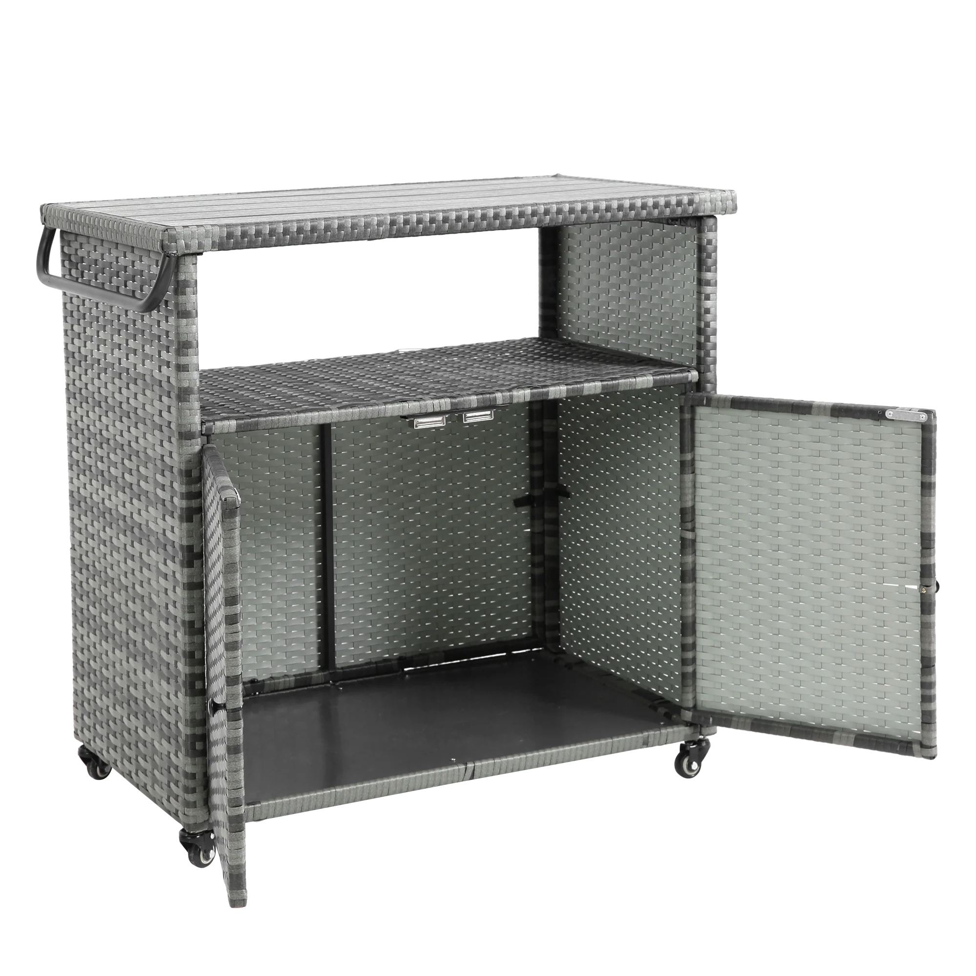 Outdoor Wicker Bar Cart with Glass Top and Wheels - Image 7