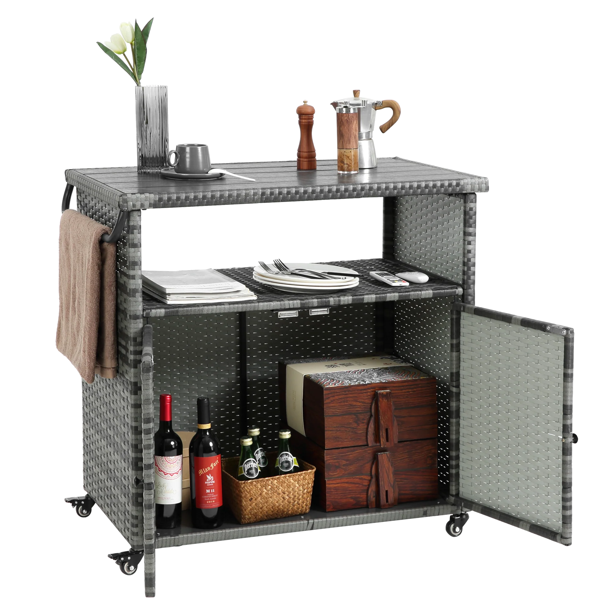 Outdoor Wicker Bar Cart with Glass Top and Wheels - Image 9