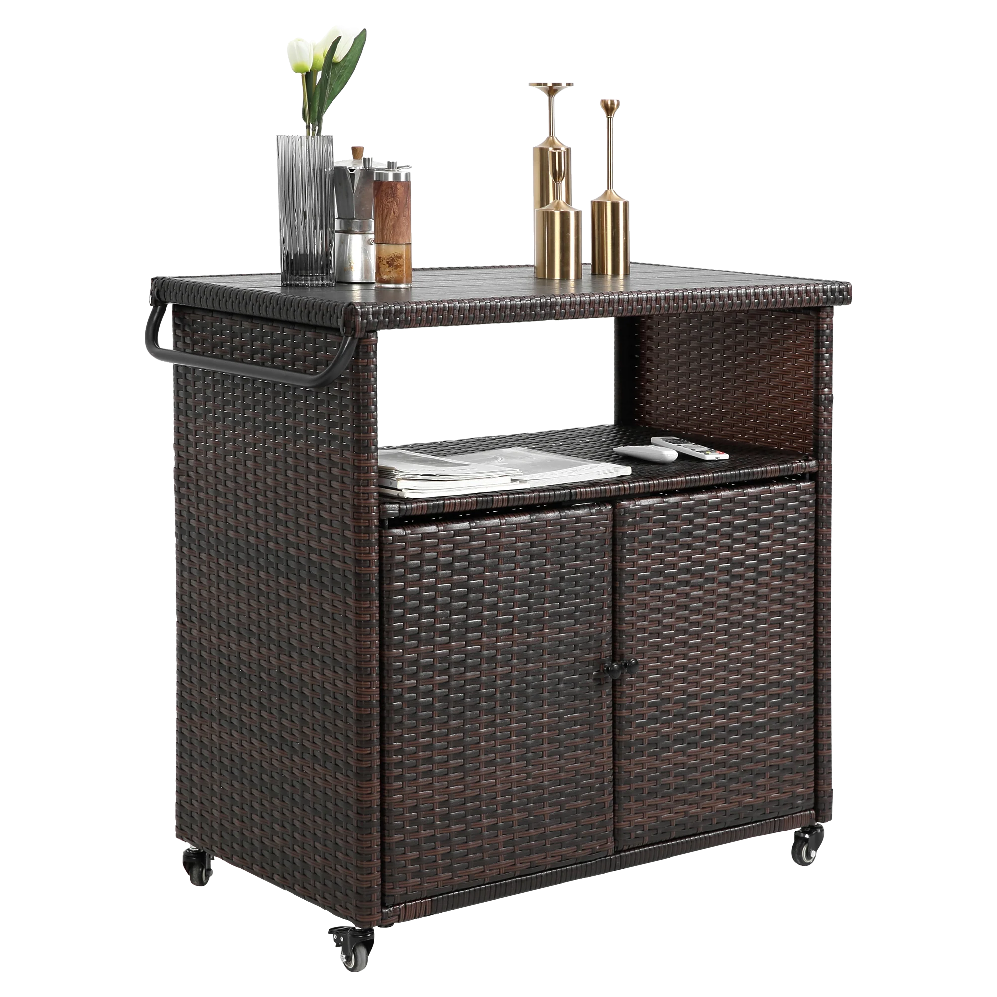 Outdoor Wicker Bar Cart with Glass Top and Wheels - Light Brown - Image 2