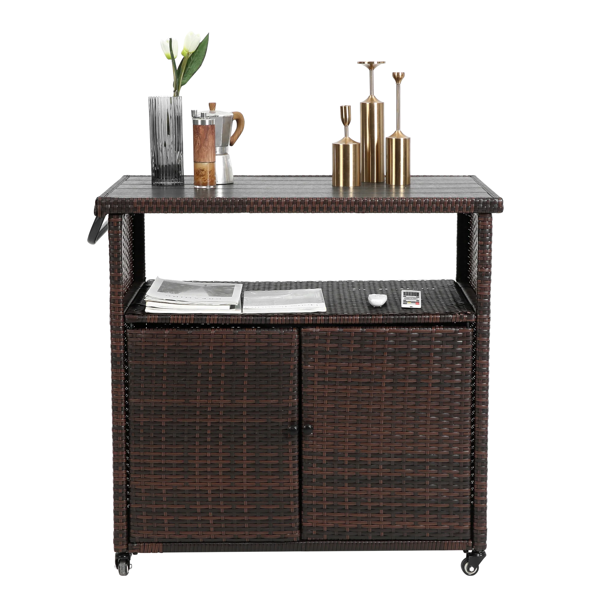 Outdoor Wicker Bar Cart with Glass Top and Wheels - Light Brown - Image 3