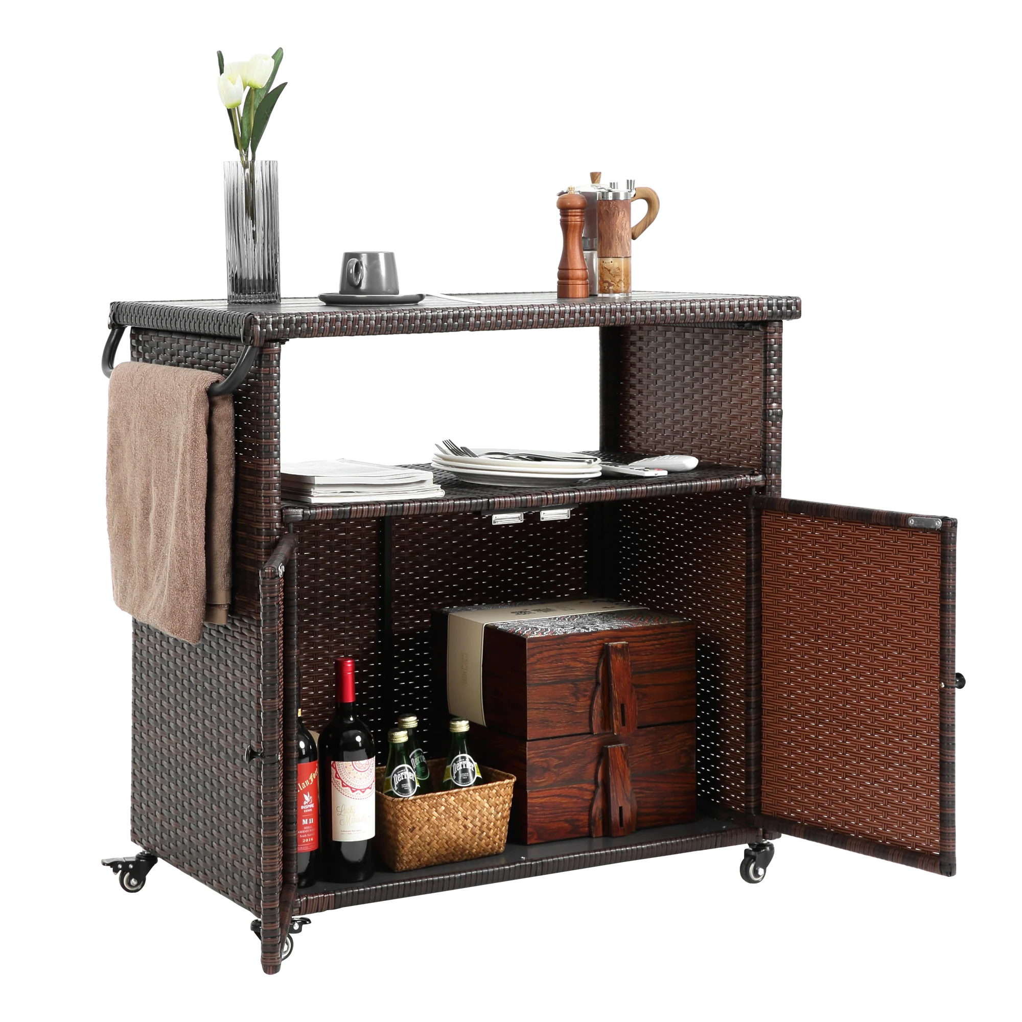 Outdoor Wicker Bar Cart with Glass Top and Wheels - Light Brown - Image 4