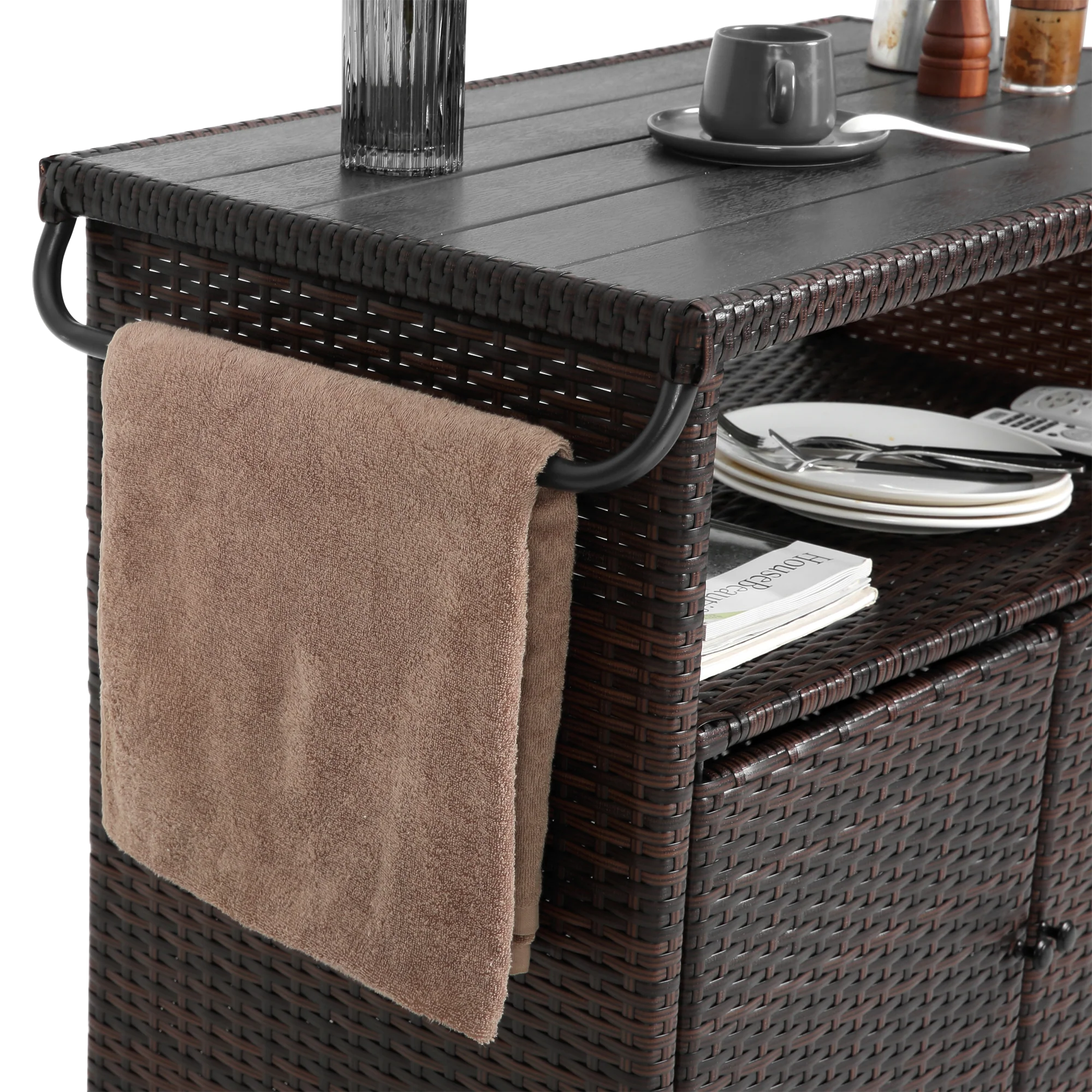 Outdoor Wicker Bar Cart with Glass Top and Wheels - Light Brown - Image 6