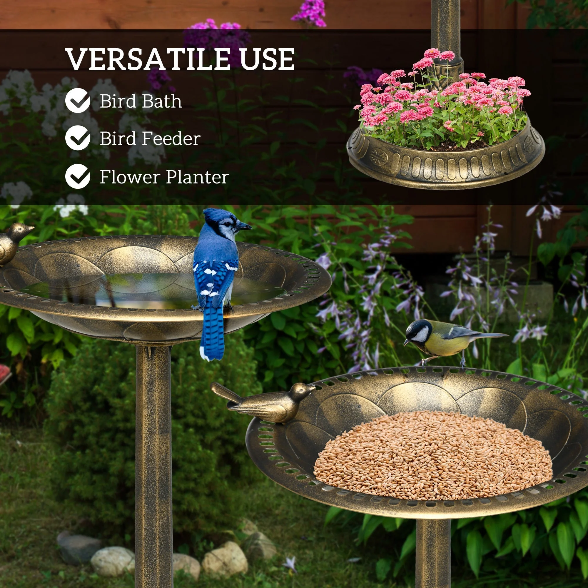 Outsunny 28' Antique Bronze Bird Bath with Pedestal Flower Planter Base - Image 4