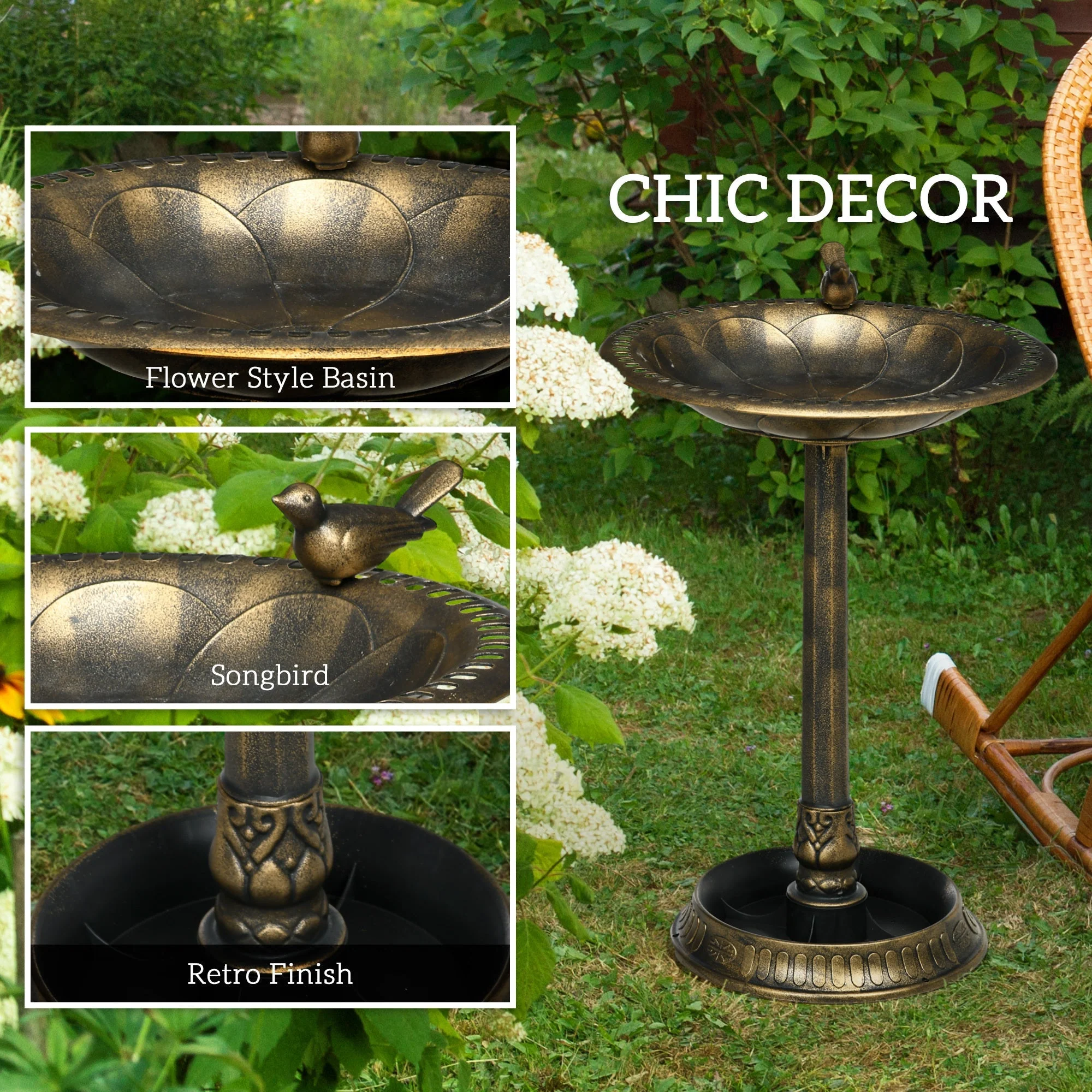 Outsunny 28' Antique Bronze Bird Bath with Pedestal Flower Planter Base - Image 5