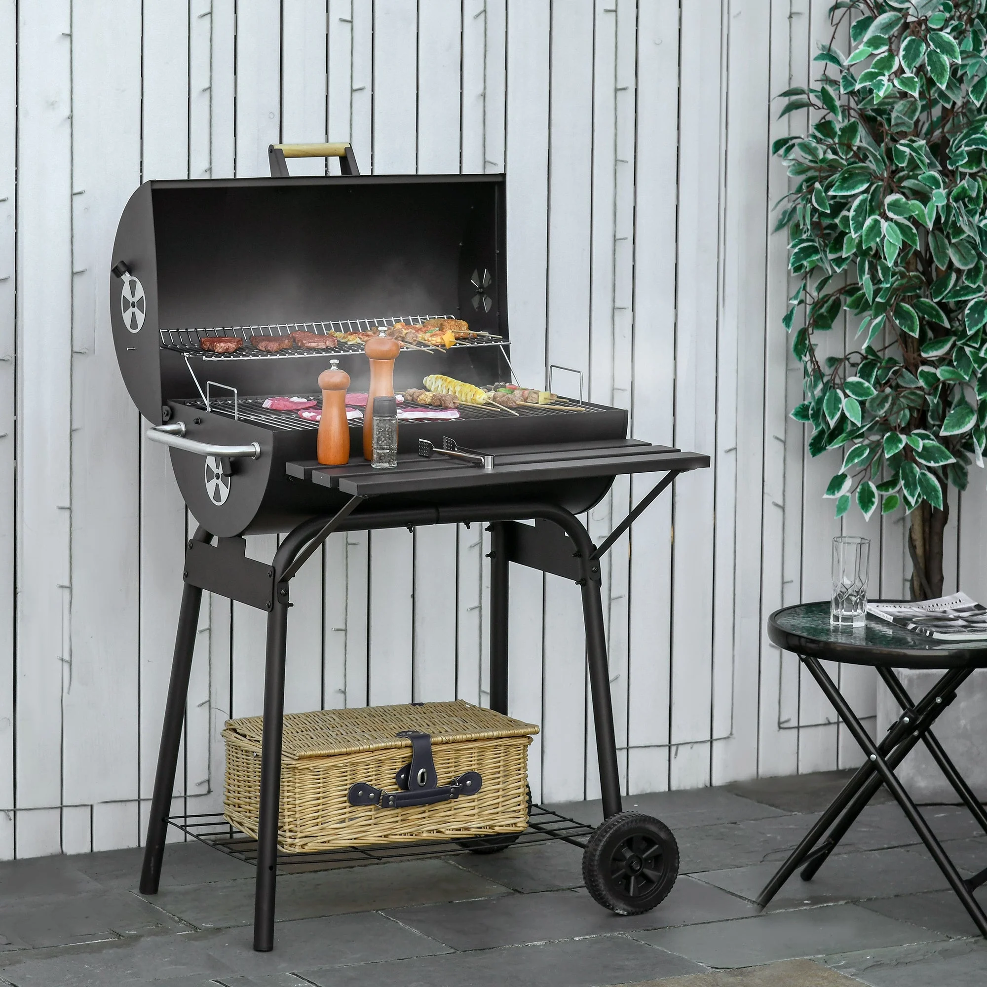 Outsunny 30' Portable Barrel Charcoal BBQ Grill Steel Outdoor Smoker - Image 2