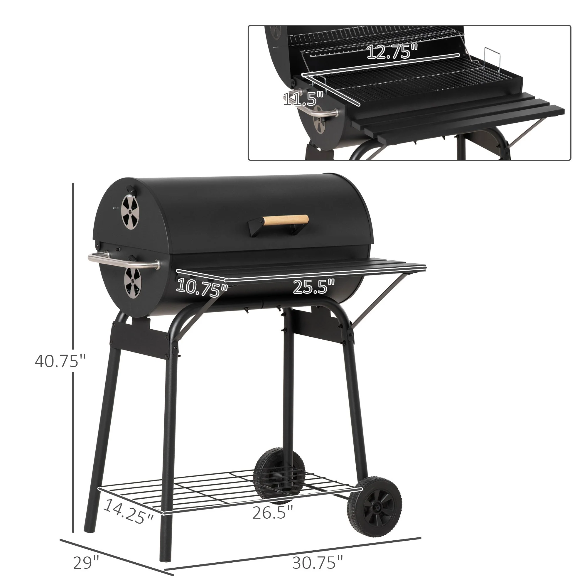 Outsunny 30' Portable Barrel Charcoal BBQ Grill Steel Outdoor Smoker - Image 3