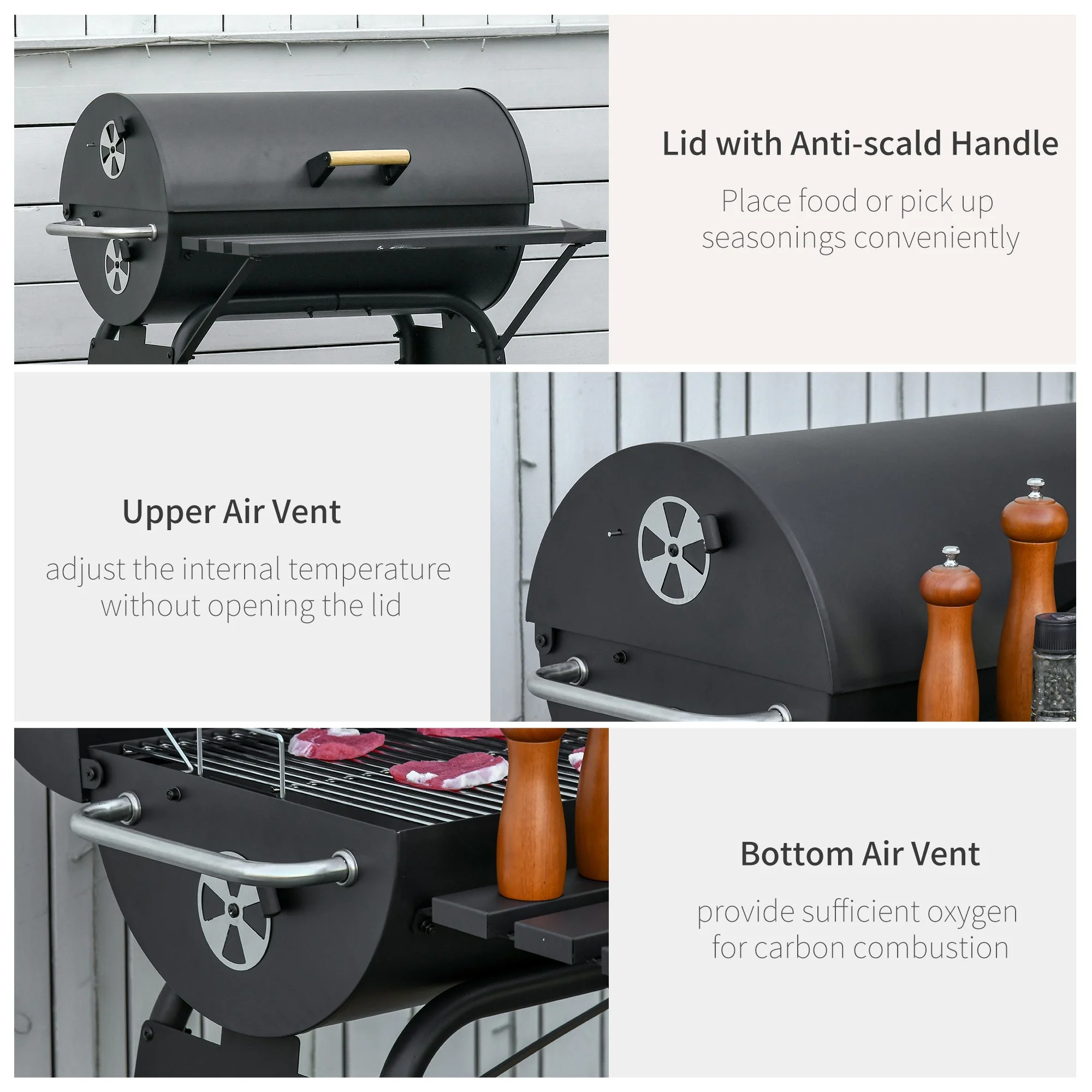 Outsunny 30' Portable Barrel Charcoal BBQ Grill Steel Outdoor Smoker - Image 6