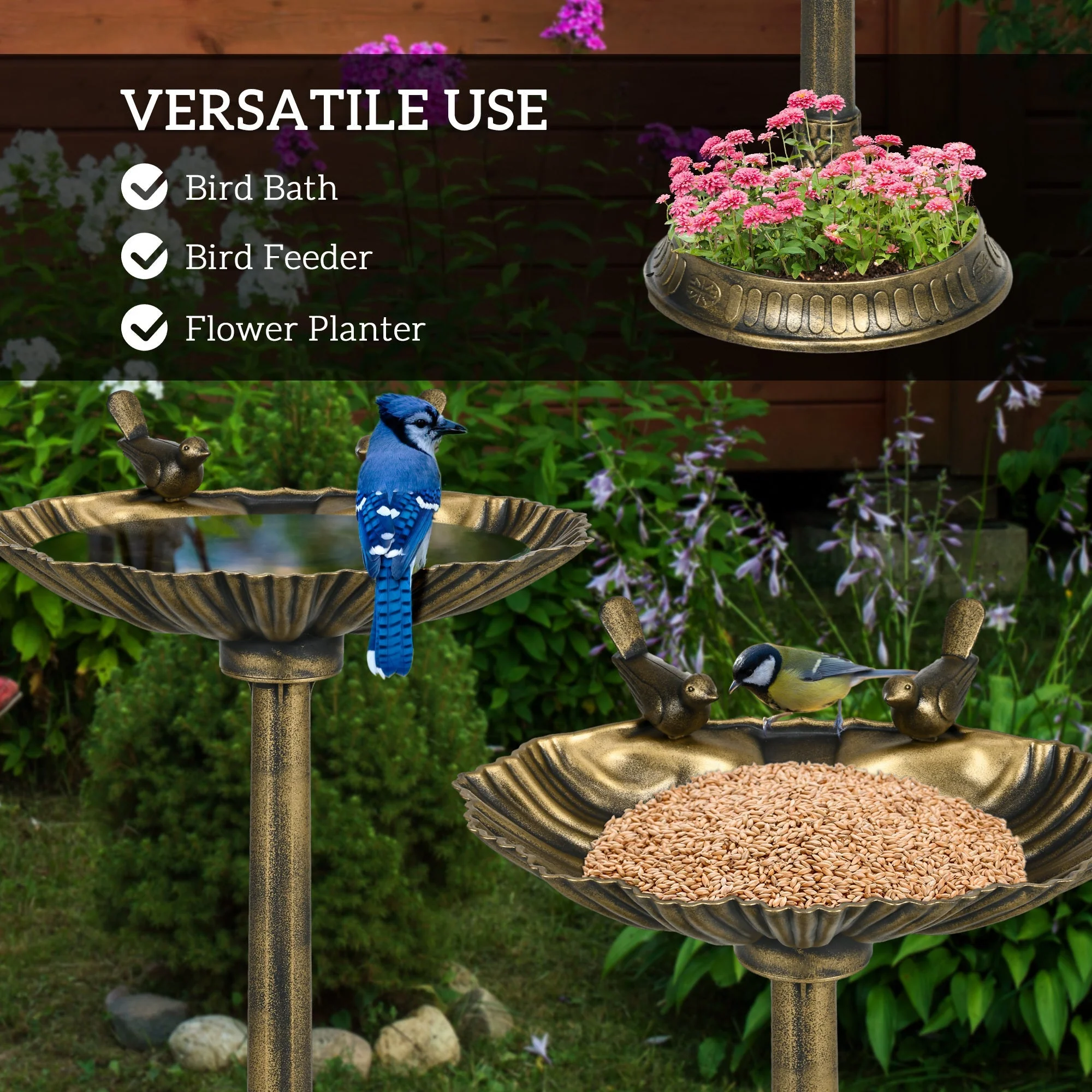 Outsunny 32' Antique Bird Bath with Pedestal Flower Planter Base - Image 4
