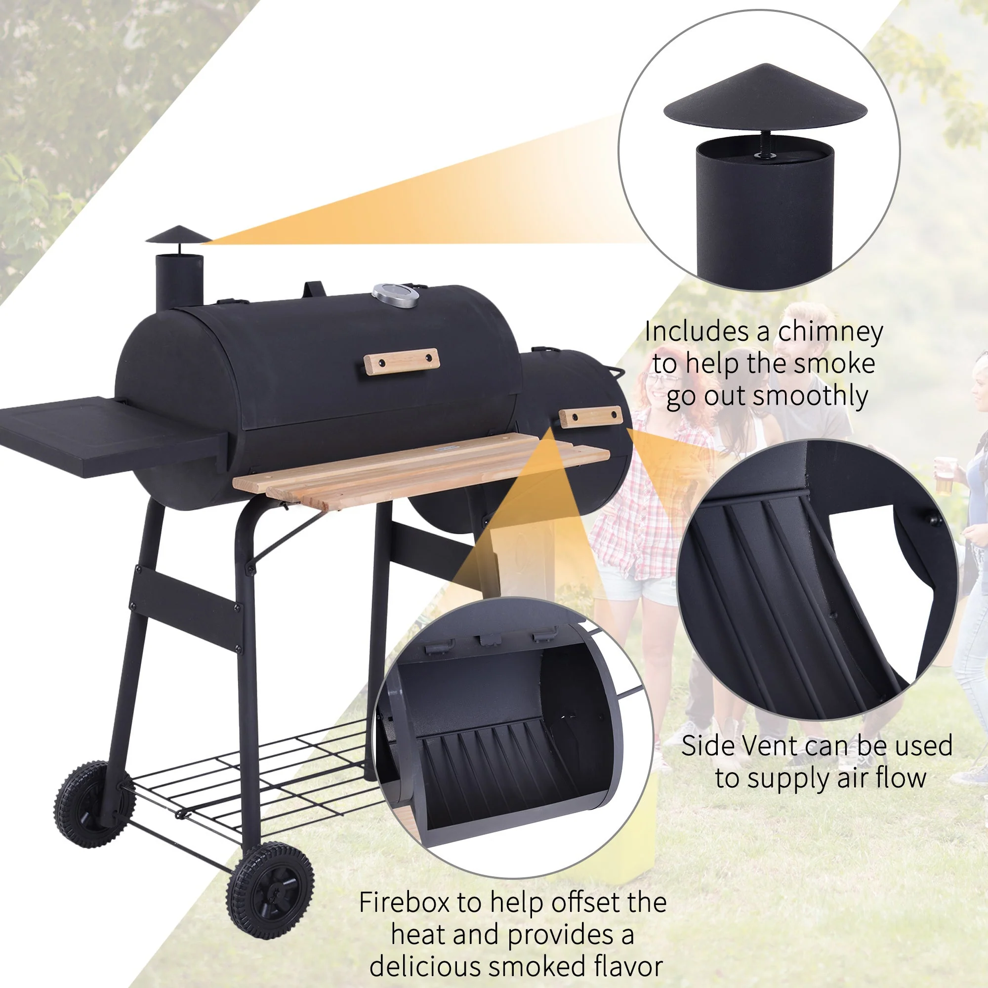 Outsunny 48' Steel Portable Backyard Charcoal BBQ Grill and Offset Smoker Combo - Image 6