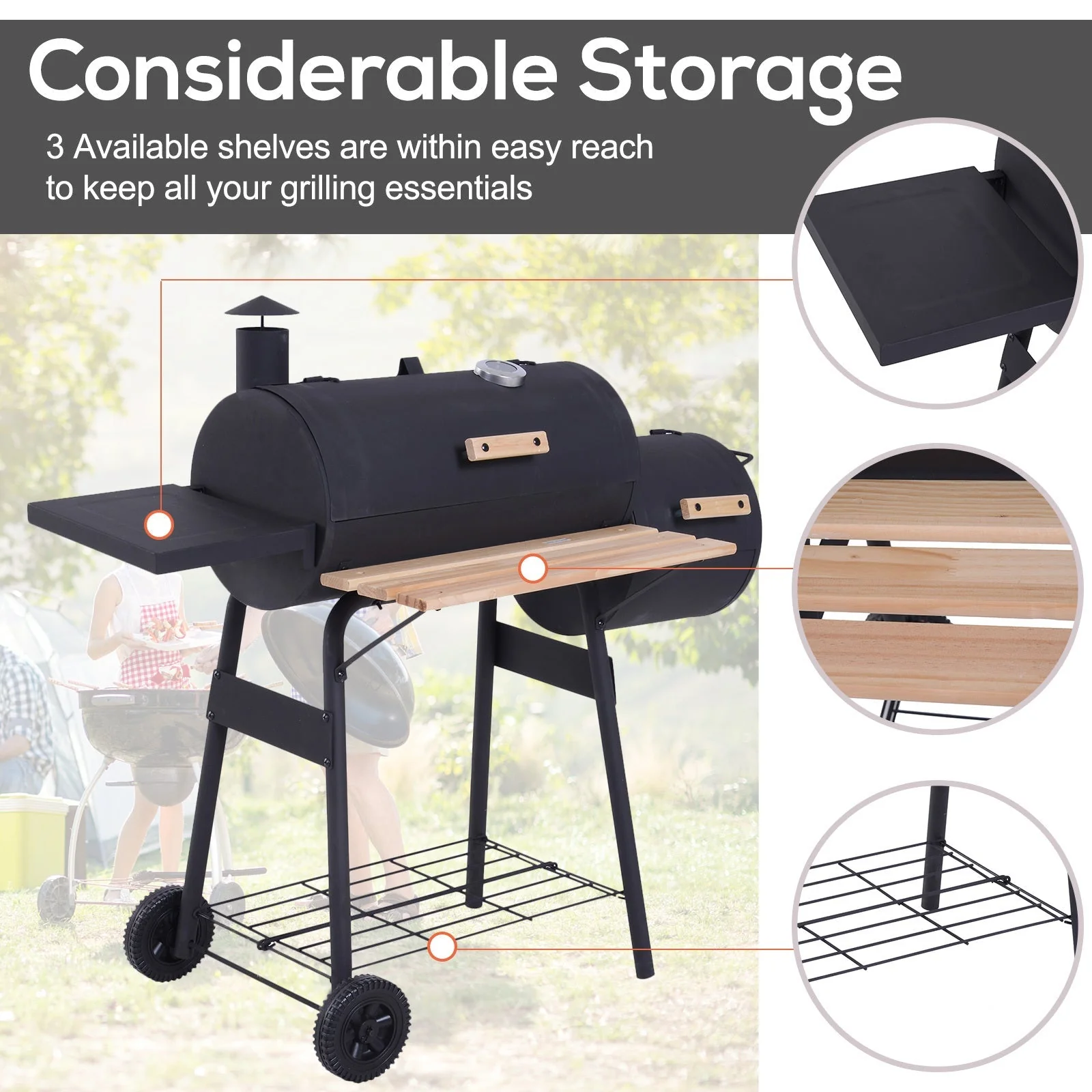 Outsunny 48' Steel Portable Backyard Charcoal BBQ Grill and Offset Smoker Combo - Image 7